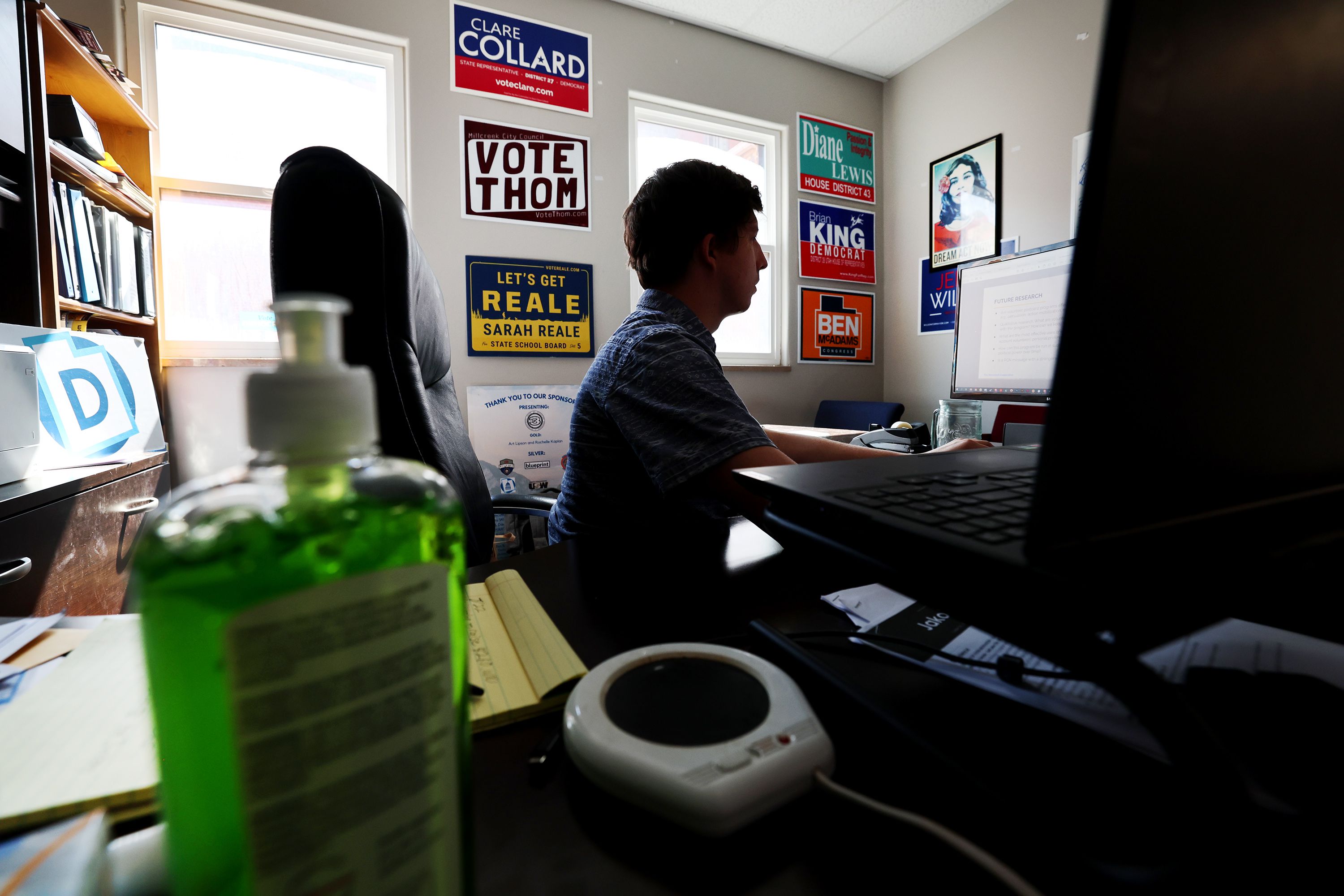 Thom DeSirant, executive director for the Utah Democratic Party, looks at his computer in his office at the party headquarters in Salt Lake City on July 26. Employees of the Utah Democratic Party and Salt Lake County Democratic Party have officially unionized. 