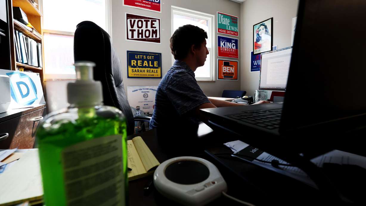 Thom DeSirant, executive director for the Utah Democratic Party, looks at his computer in his office at the party headquarters in Salt Lake City on July 26. Employees of the Utah Democratic Party and Salt Lake County Democratic Party have officially unionized.