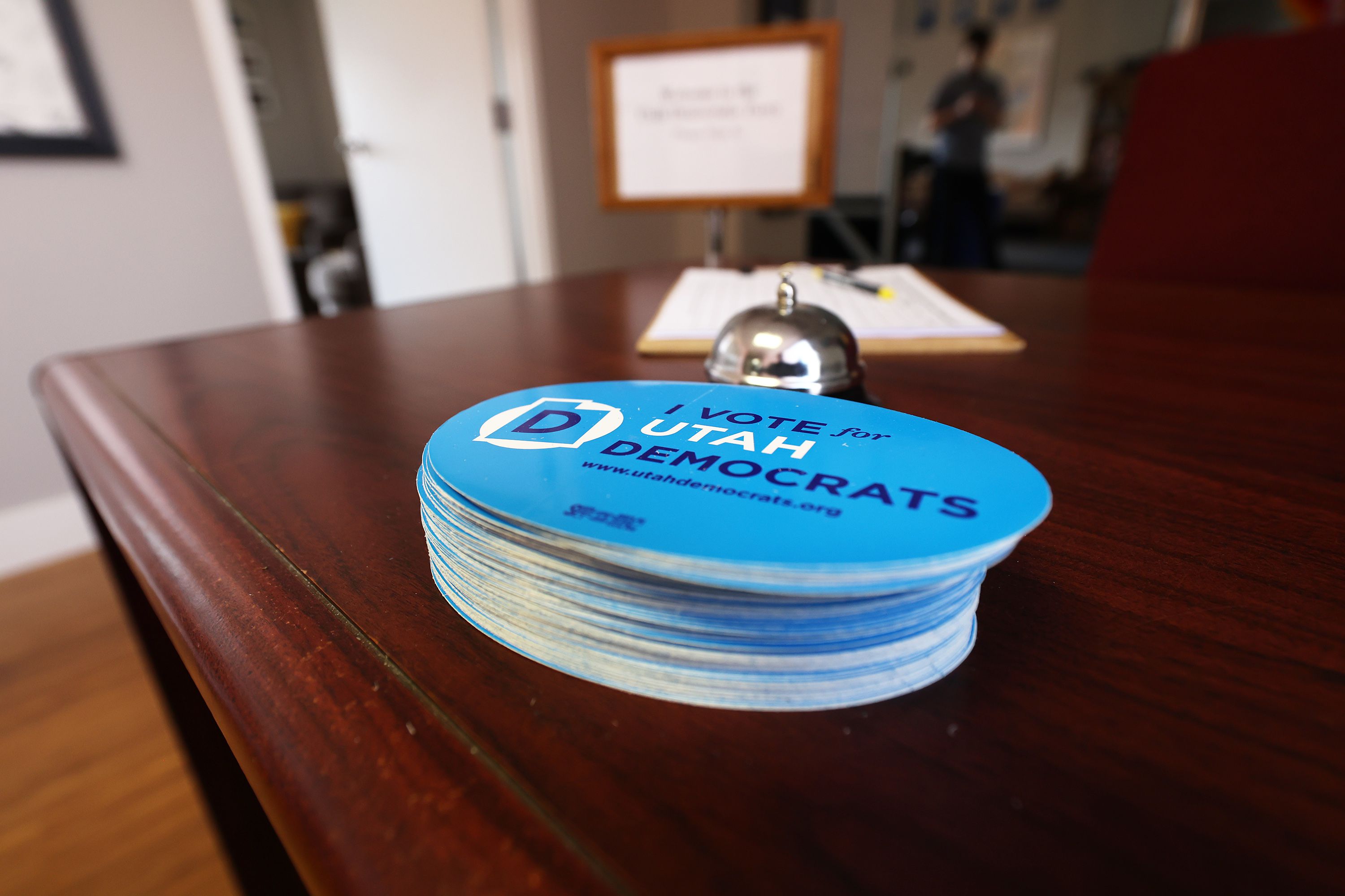 Stickers on the front reception desk at the Utah Democratic Party headquarters in Salt Lake City on July 26. Employees of the Utah Democratic Party and Salt Lake County Democratic Party have officially unionized.