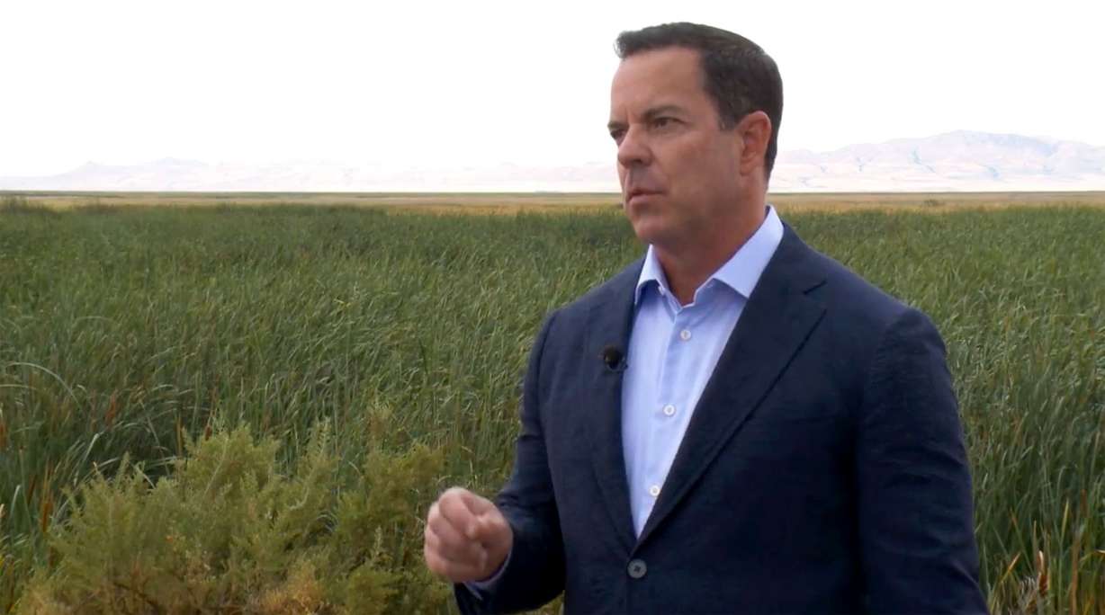Utah House Speaker Brad Wilson speaks along the shores of the Great Salt Lake at Farmington Bay, Tuesday.