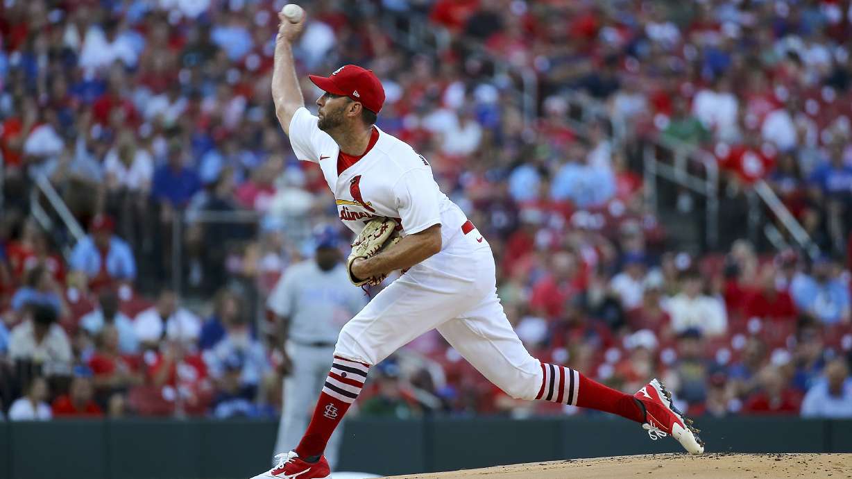 St. Louis Cardinals starting pitcher Adam Wainwright delivers during the first inning of the team's baseball game against the Chicago Cubs on Tuesday, Aug. 2, 2022, in St. Louis.