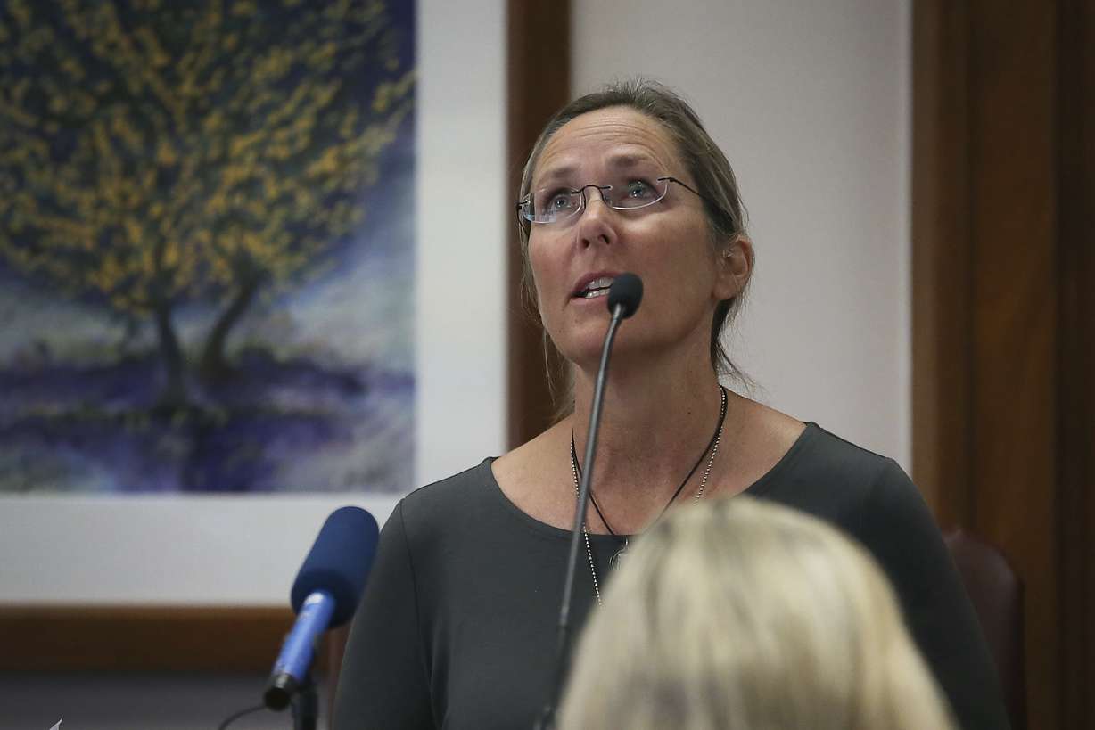 Scarlett Lewis, mother of 6-year-old Sandy Hook shooting victim Jesse Lewis, testifies against Alex Jones Tuesday, at the Travis County Courthouse in Austin.