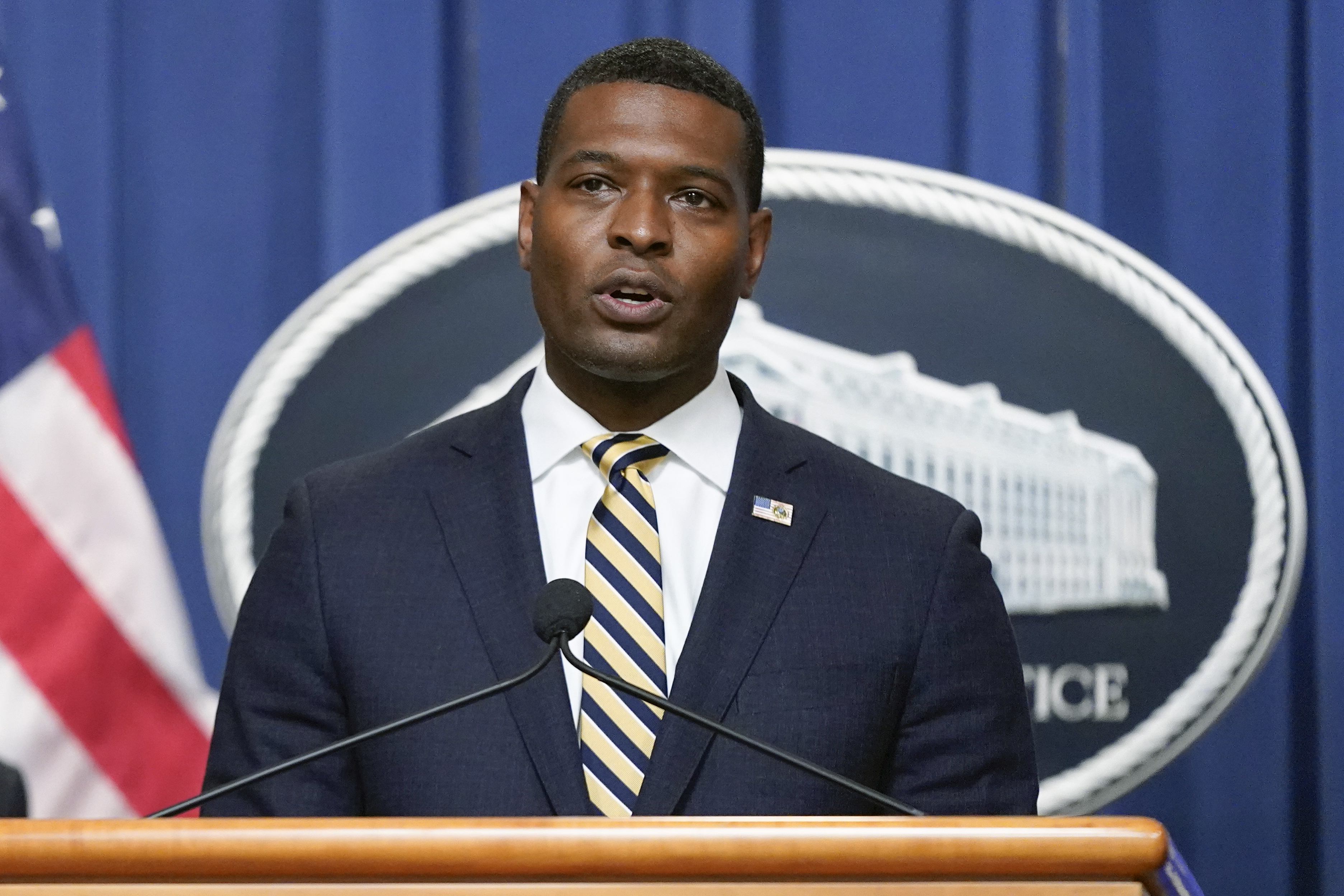 Environmental Protection Agency administrator Michael Regan speaks at a news conference May 5, at the Department of Justice in Washington. The EPA is warning residents in 13 states and Puerto Rico about potential health risks from emissions of ethylene oxide, a chemical widely used to sterilize medical equipment and decontaminate spices.