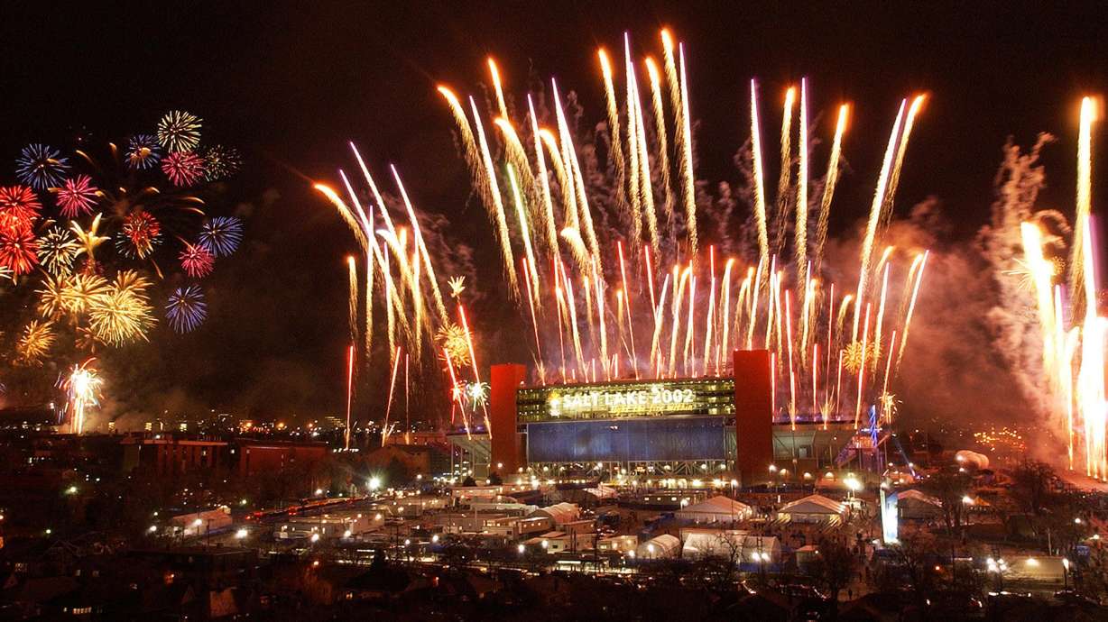 Fireworks light up Rice-Eccles Stadium during the Closing Ceremonies of the 2002 Winter Olympic Games in Salt Lake City on Feb. 24, 2002. Utahns are enthused about hosting another Olympics, according to a recent poll, and Games officials and others are taking notice.