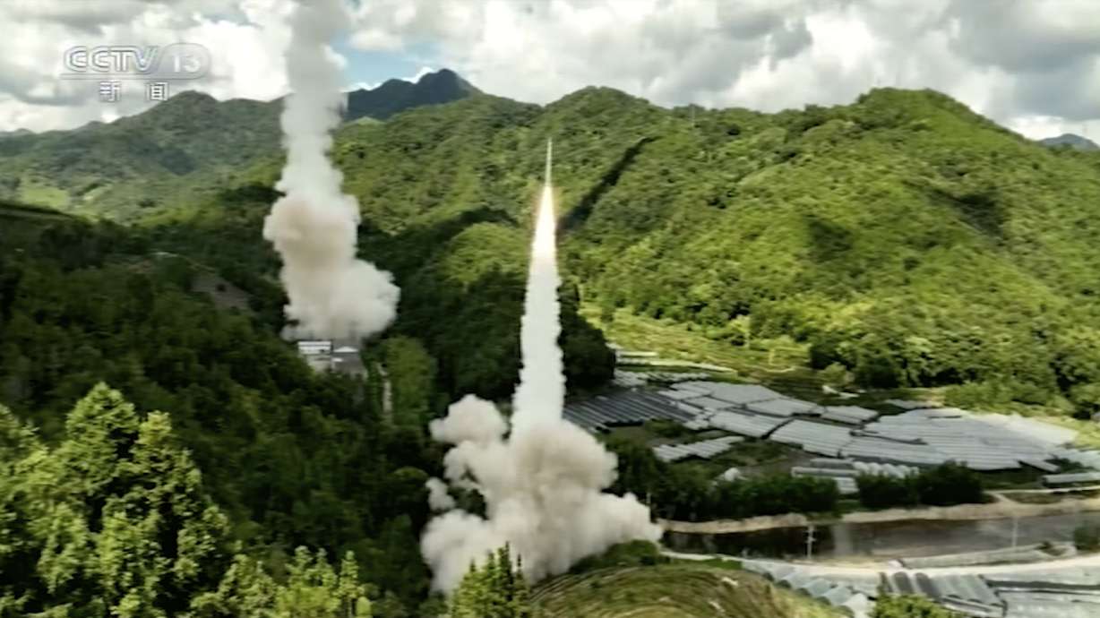 In this image taken from video footage run by China's CCTV, a projectile is launched from an unspecified location in China, Thursday. China says it conducted "precision missile strikes" in the Taiwan Strait on Thursday as part of military exercises that have raised tensions in the region to their highest level in decades.