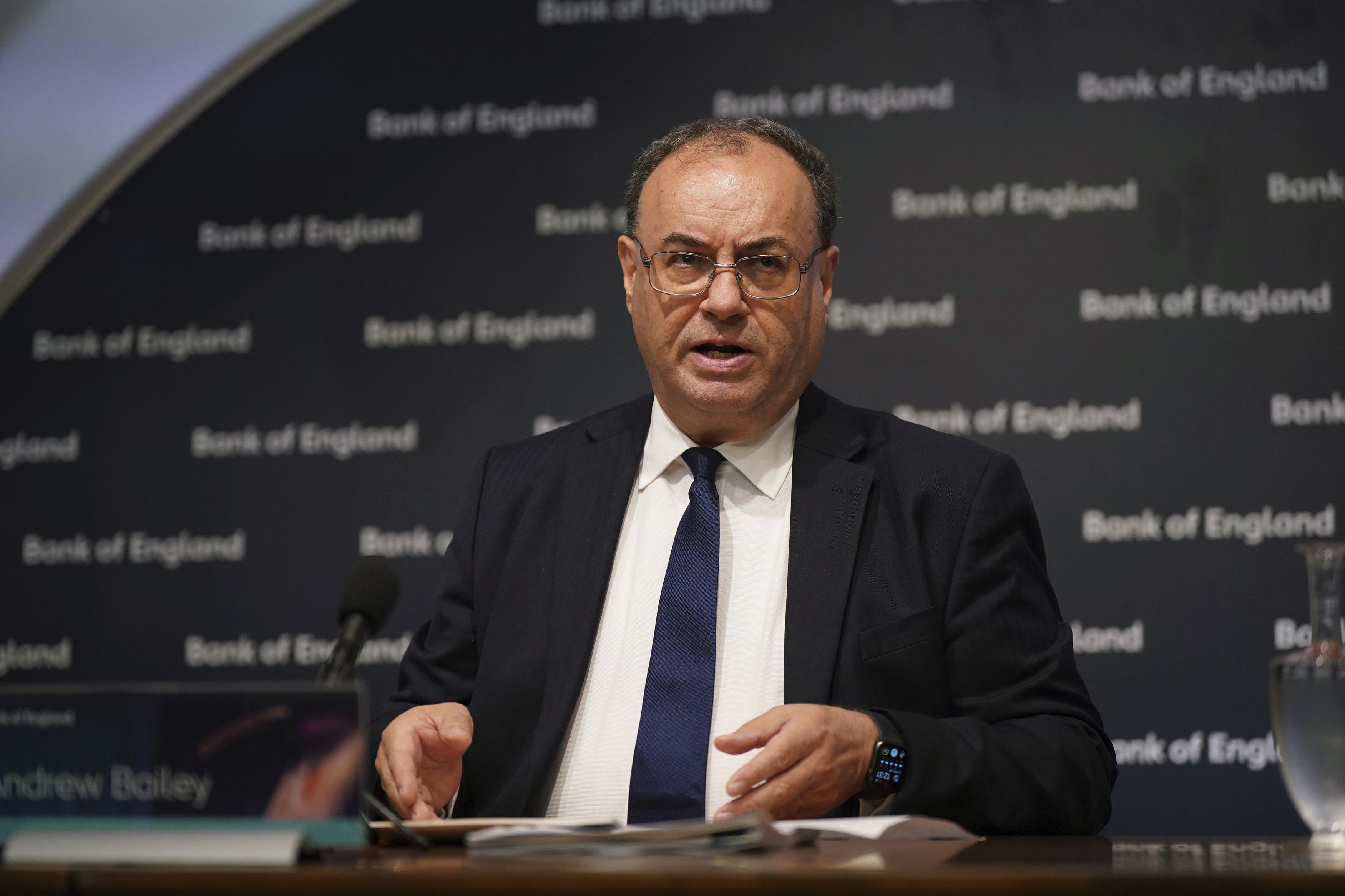 Governor of the Bank of England, Andrew Bailey speaks during the Bank of England's financial stability report press conference, at the Bank of England, London, Thursday.