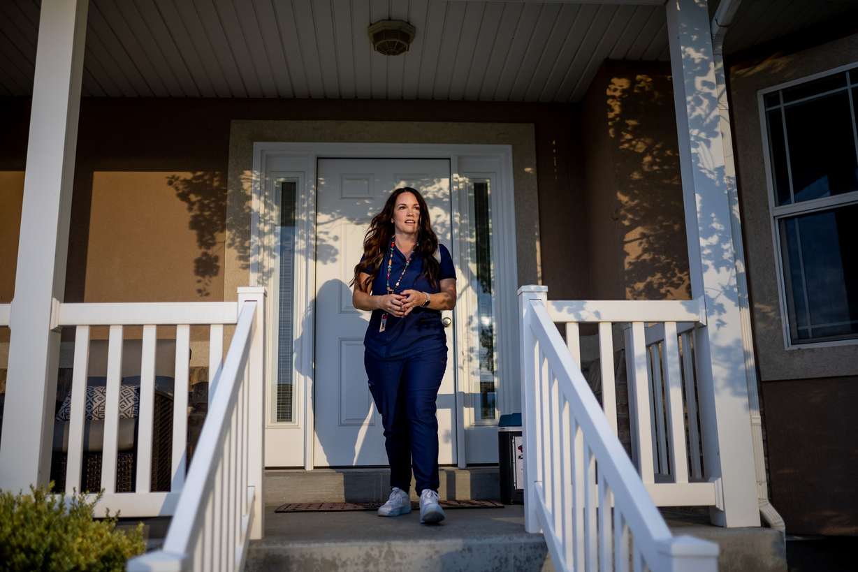 Registered nurse Katie Byrge leaves her home in Riverton for a shift at Primary Children’s Hospital on Thursday.