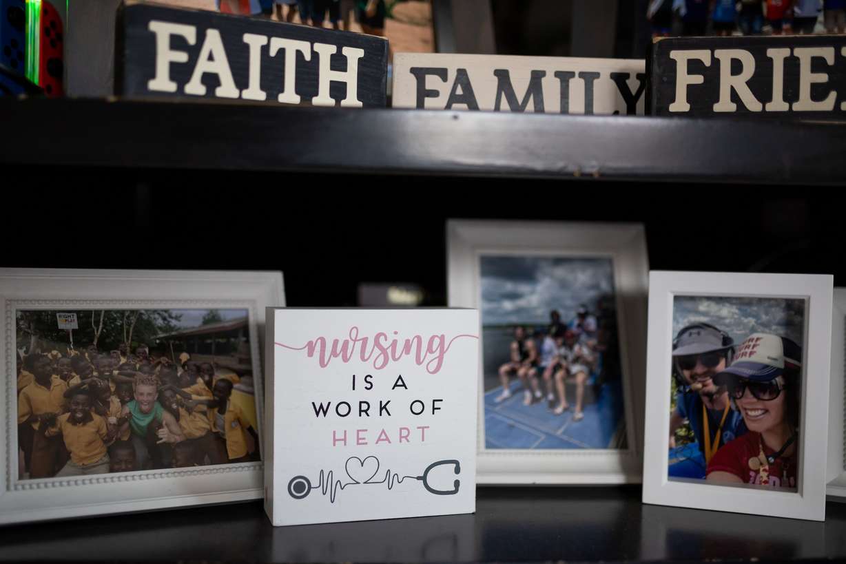 An ode to nurses sits among family photos at registered nurse Katie Byrge’s home in Riverton on Thursday.