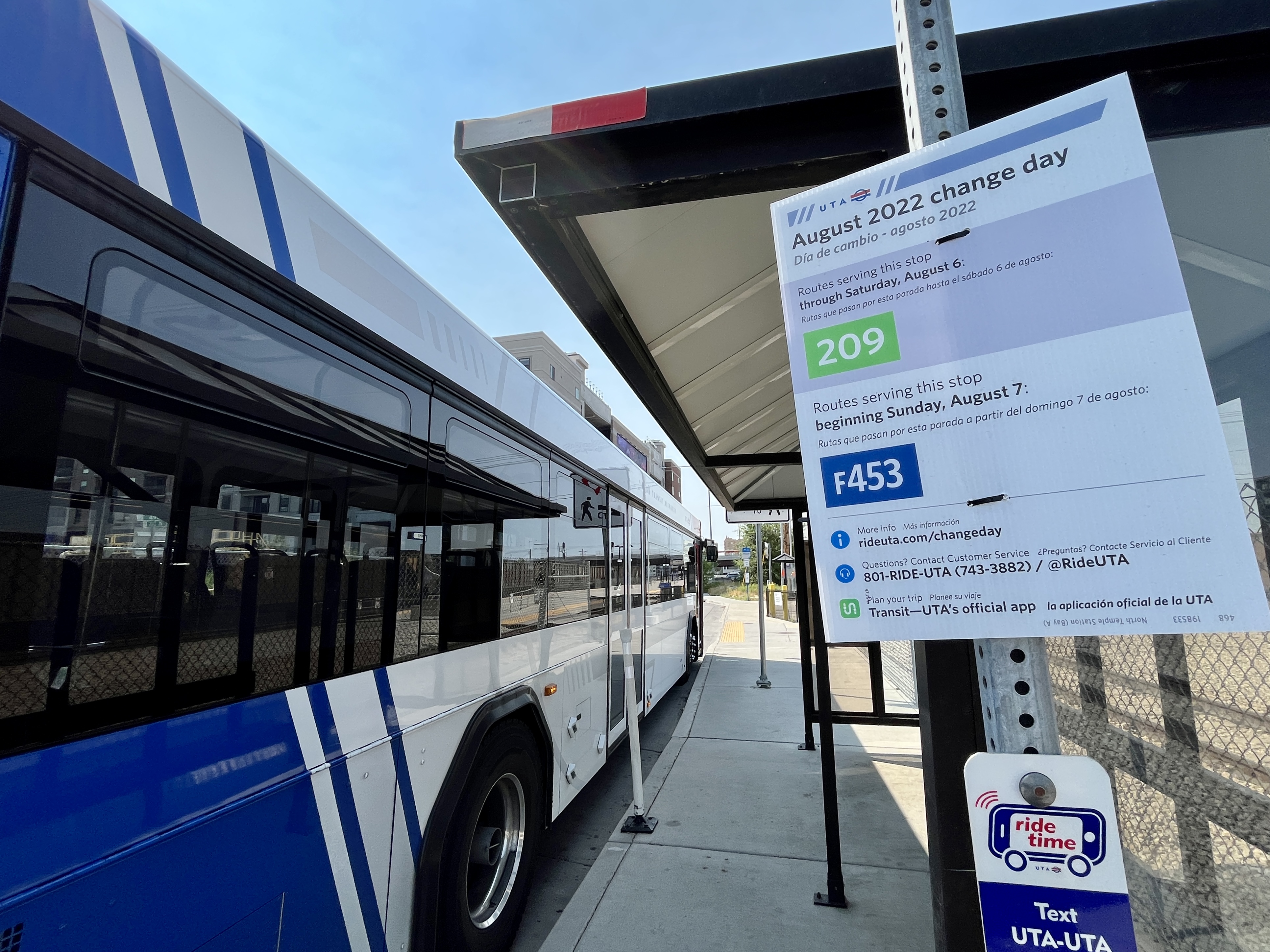 An August change day flyer posted next to a bus parked at North Temple Station in Salt Lake City on Sunday, July 31. Several changes across Utah Transit Authority systems are being implemented beginning this Sunday.