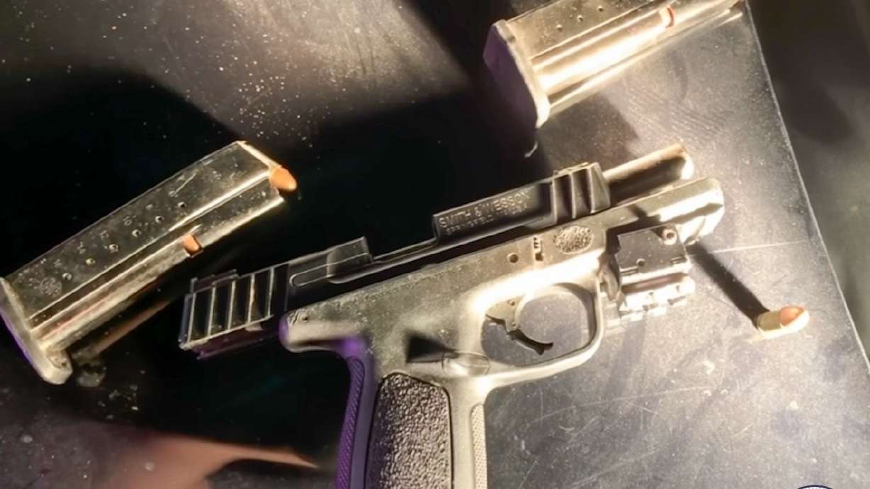 Salt Lake police say they found the gun pictured in this photo while investigating a shooting near the Gateway Inn on Friday.