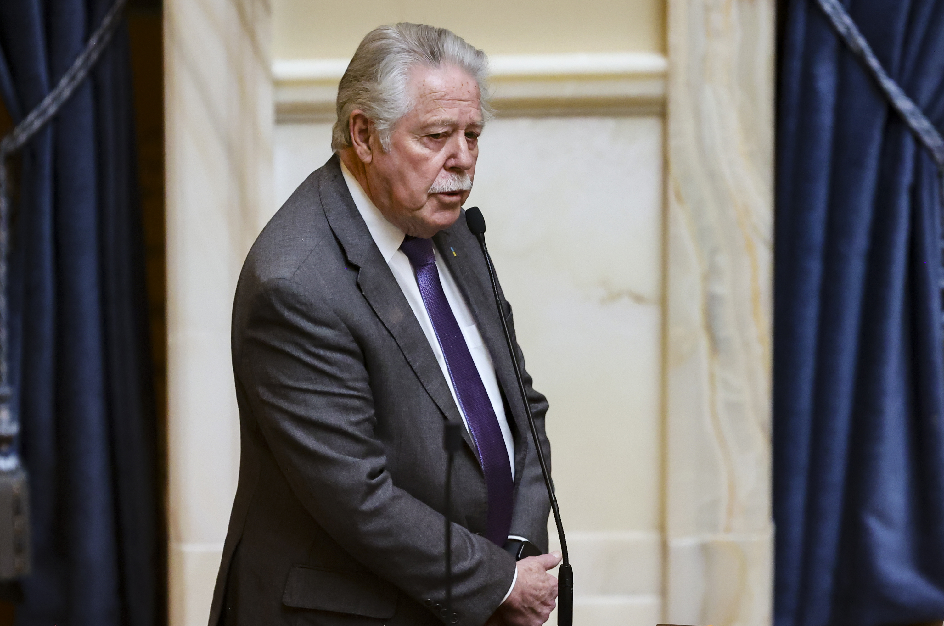 Sen. Gene Davis, D-Salt Lake City, speaks on a bill at the Capitol in Salt Lake City on March 3. Davis has been suspended by Utah Democrats after a former intern alleged in a social media post that he sexually harassed her during this year's legislative session.