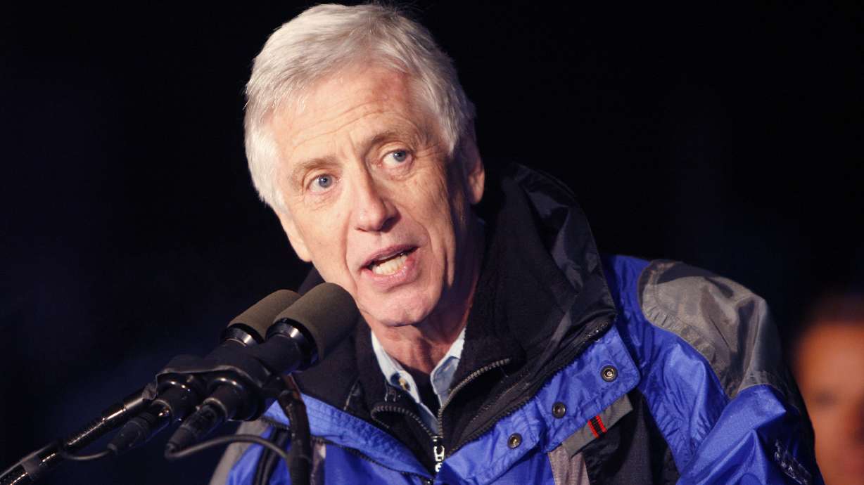 Former Salt Lake City Mayor Rocky Anderson talks to the crowd during the celebration in honor of the 10th anniversary of the Salt Lake Olympic Games, Feb. 8, 2012, in Salt Lake City. Anderson said he decided this week that he will run for a third term for mayor, nearly 15 years after he left office.