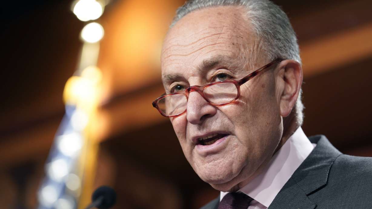 Senate Majority Leader Chuck Schumer of N.Y., speaks during a news conference Friday, at the Capitol Hill in Washington. Democrats started pushing their election-year economic bill through the Senate on Saturday, starting the sprawling collection of President Joe Biden’s priorities on climate, energy, health and taxes on a pathway through Congress that the party hopes will end in victory by the end of this week.
