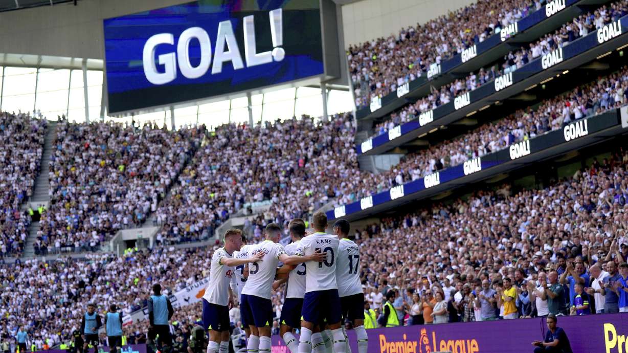Tottenham Hotspur's Eric Dier celebrates with his teammates after scoring their side's second goal of the game , during the English Premier League soccer match betten Tottenham Hotspur and Southampton at Tottenham Hotspur Stadium, London, Saturday Aug. 6, 2022.