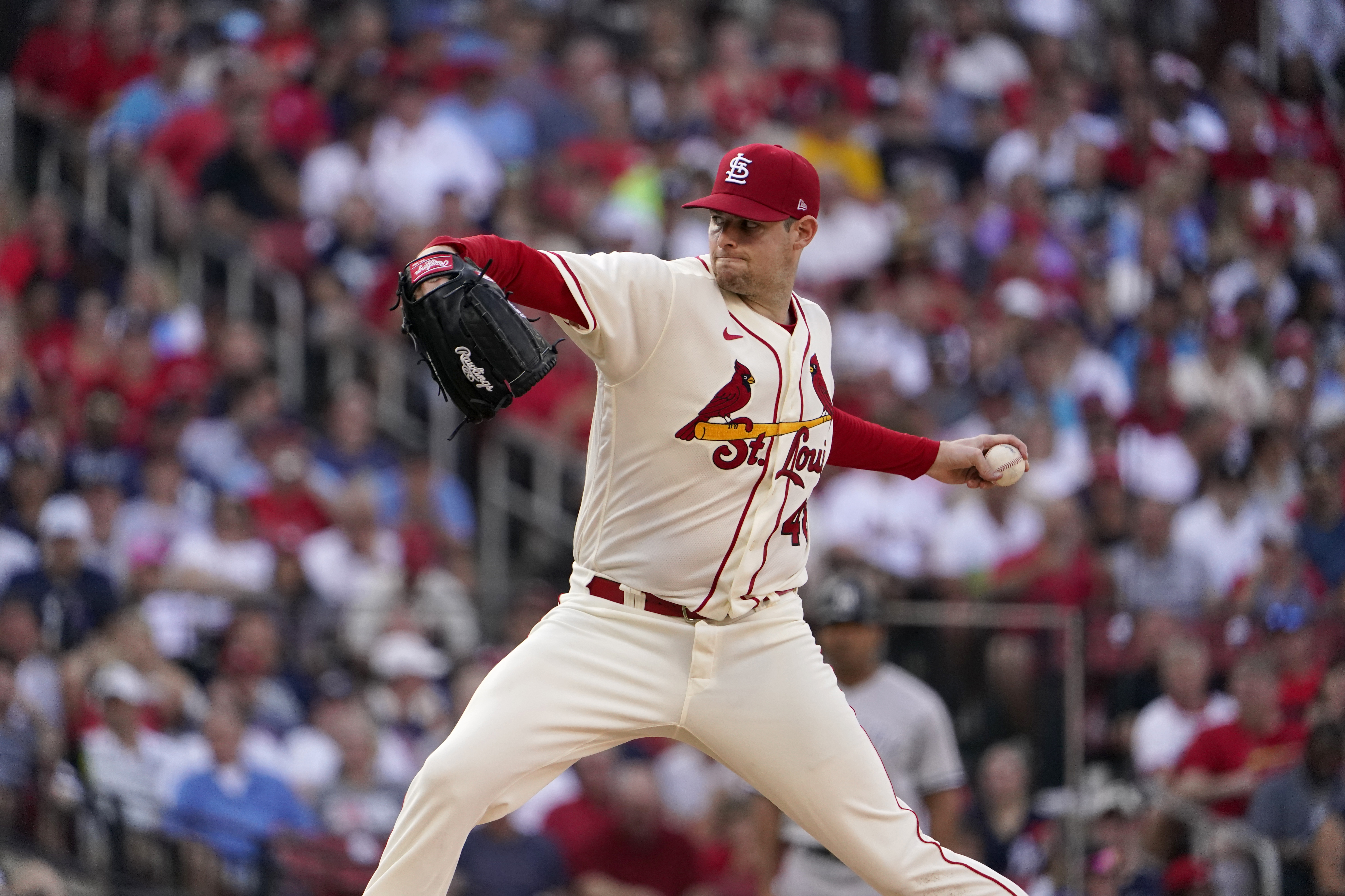 St. Louis Cardinals starting pitcher Jordan Montgomery throws during the first inning of a baseball game against the New York Yankees Saturday, Aug. 6, 2022, in St. Louis. 