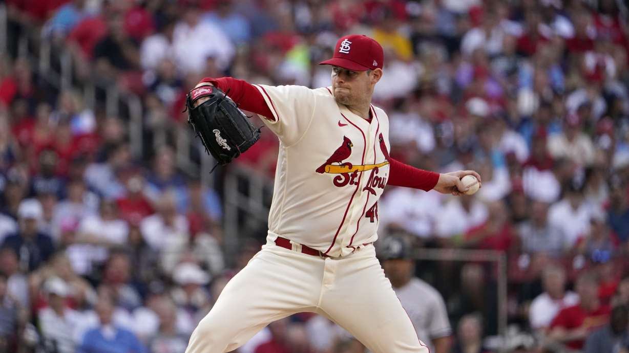 St. Louis Cardinals starting pitcher Jordan Montgomery throws during the first inning of a baseball game against the New York Yankees Saturday, Aug. 6, 2022, in St. Louis.
