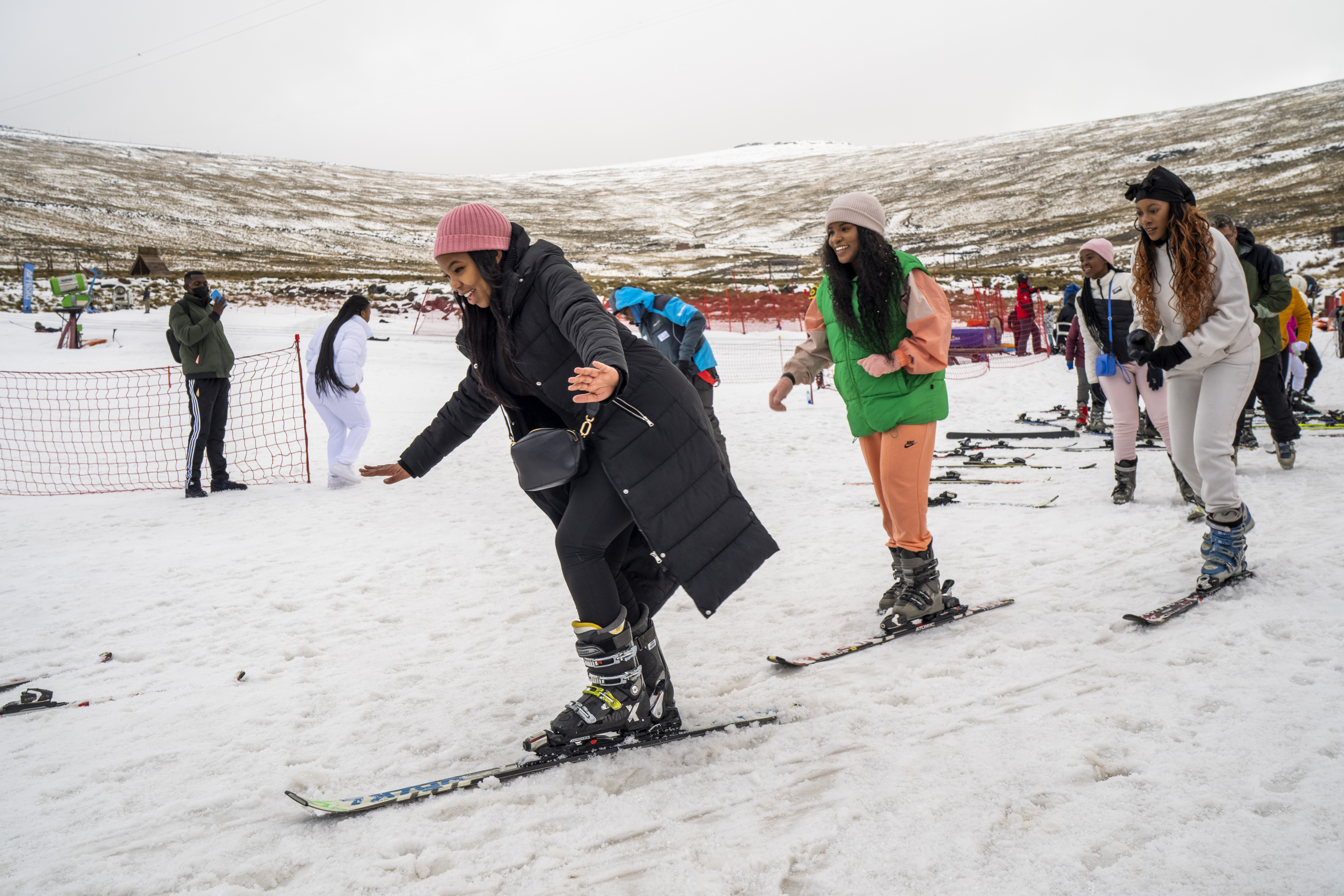 First time skiers take a lesson at the Afriski ski resort near Butha-Buthe, Lesotho, Saturday July 30, 2022. While millions across Europe sweat through a summer of record-breaking heat, Afriski in the Maluti Mountains is Africa's only operating ski resort south of the equator. It draws people from neighboring South Africa and further afield by offering a unique experience to go skiing in southern Africa. 