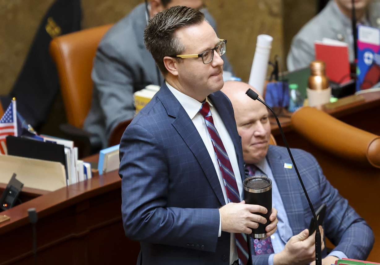 Rep. Brady Brammer, R-Highland, presents HB232, which enacts provisions relating to the Utah Lake Authority, at the Capitol in Salt Lake City on March 3. Brammer also sponsored HB76 which encourages the use of "zipper merging" in Utah.