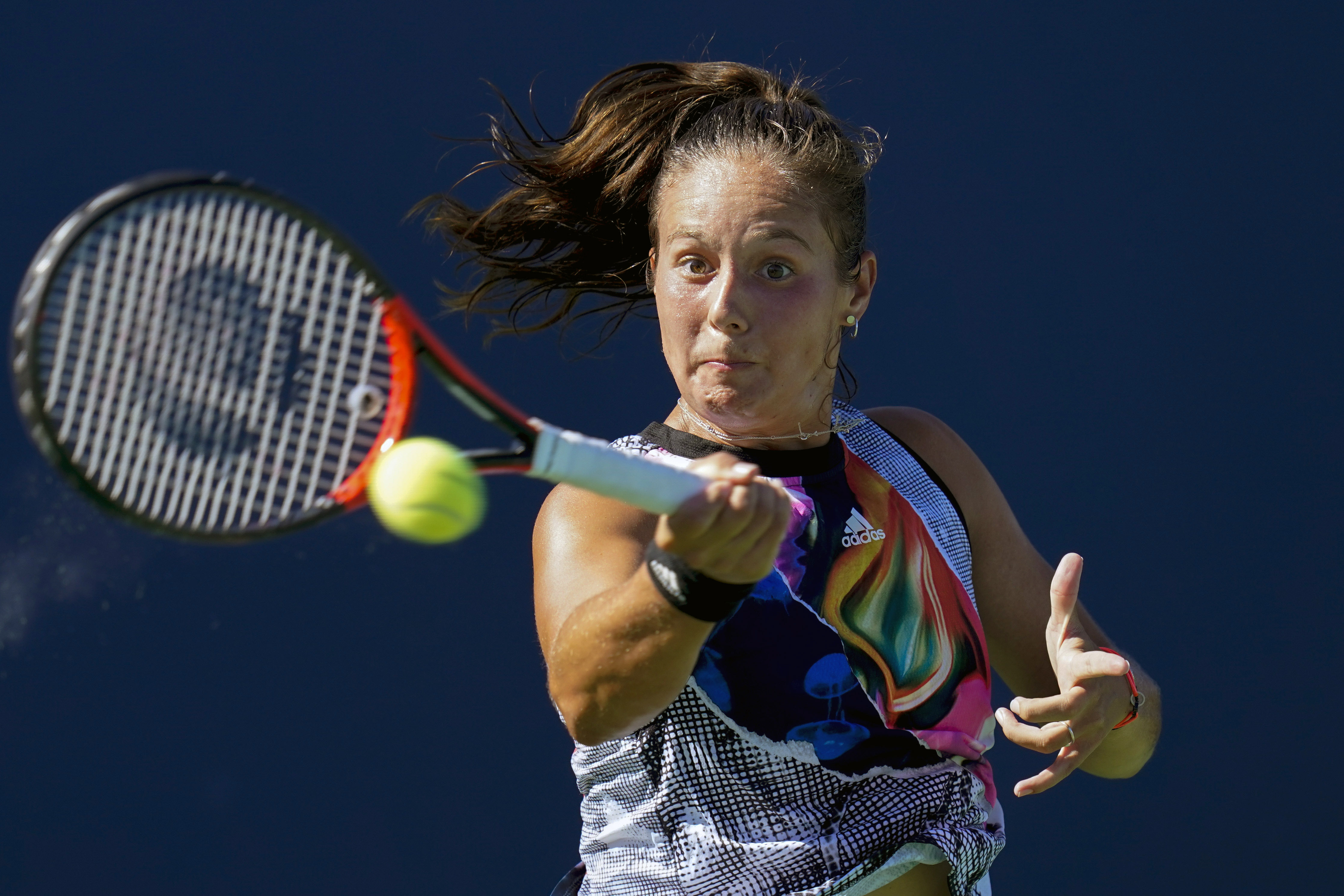 Daria Kasatkina, of Russia, hits a forehand to Shelby Rogers, of the United States, during the singles final at the Mubadala Silicon Valley Classic tennis tournament in San Jose, Calif., Sunday, Aug. 7, 2022. 