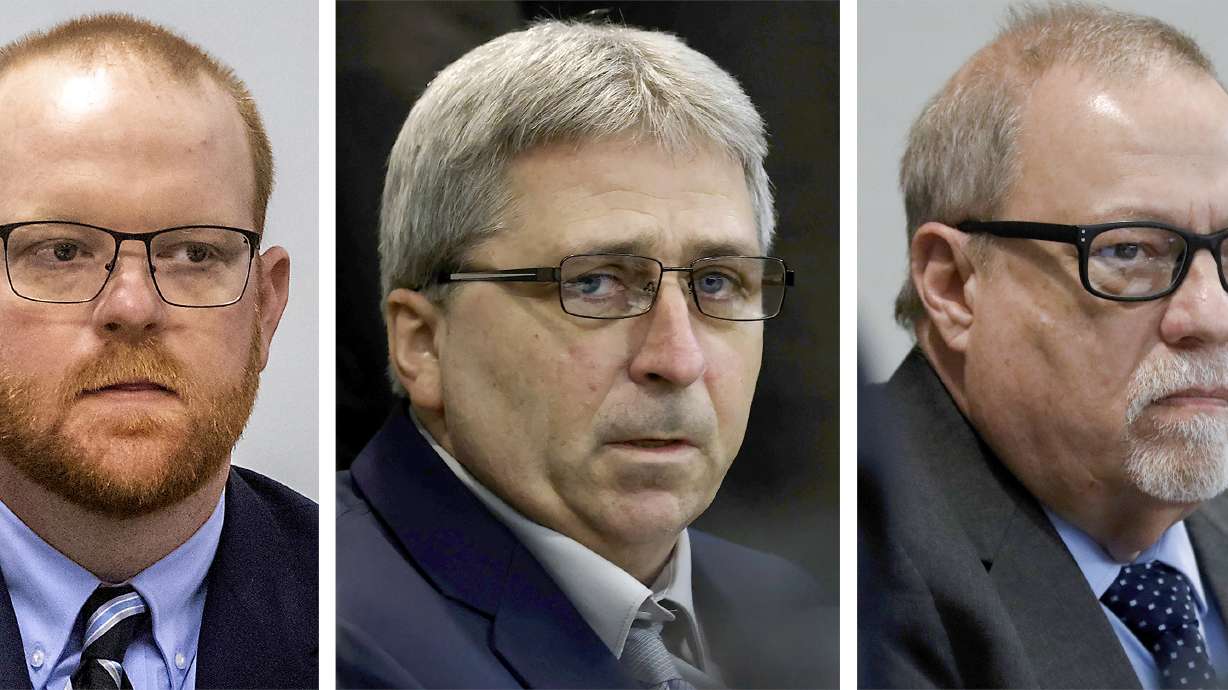 From left to right, Travis McMichael, William "Roddie" Bryan, and Gregory McMichael during their trial in Brunswick, Ga. Months after they were sentenced to life in prison, the three white men who chased and killed Ahmaud Arbery in a Georgia neighborhood faced a second round of criminal penalties Monday.