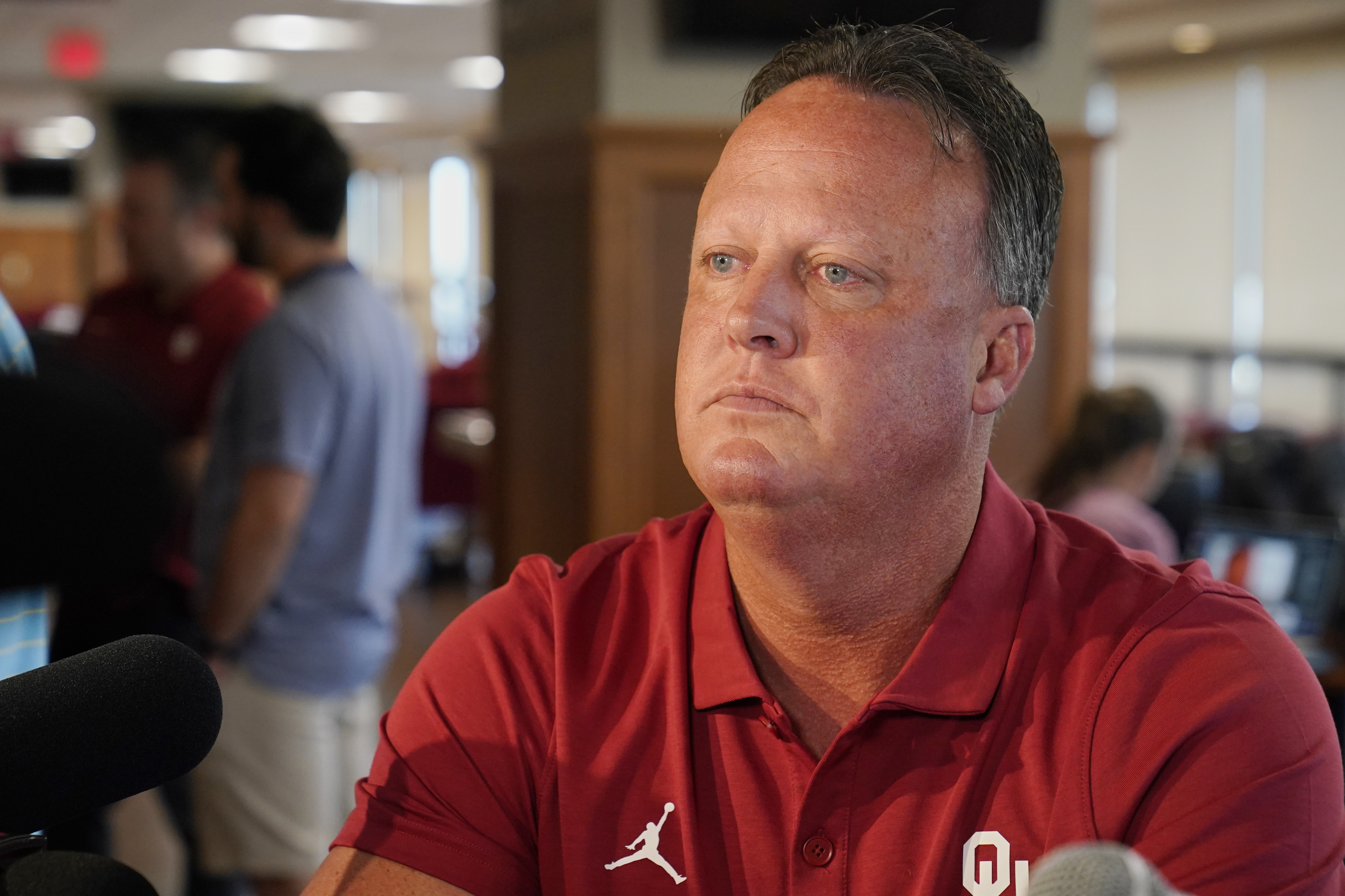 Oklahoma offensive coach Cale Gundy speaks during an NCAA college football media day, Tuesday, Aug. 2, 2022, in Norman, Okla. Gundy announced his resignation Sunday, Aug. 7, after using offensive language during a film session the week prior.