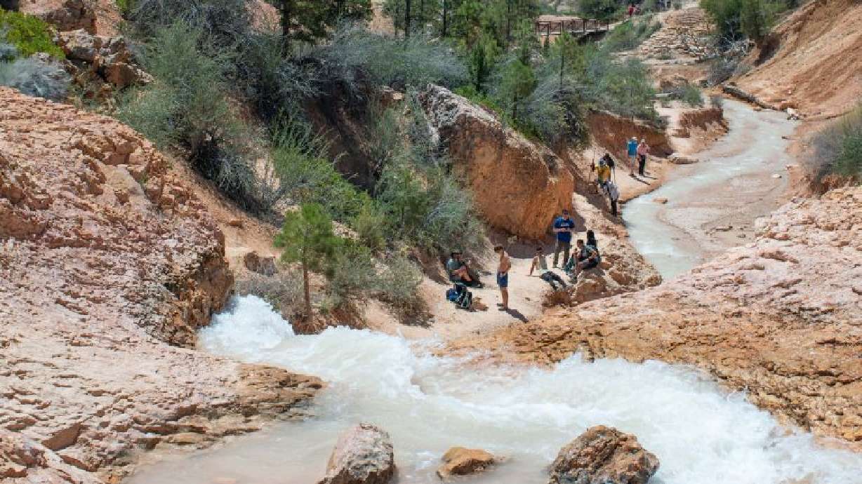 Visitors along Water Canyon at Mossy Cave, unspecified date, Tropic, Utah. The Subaru Leave No Trace organization has named the cave a 2022 Hot Spot.