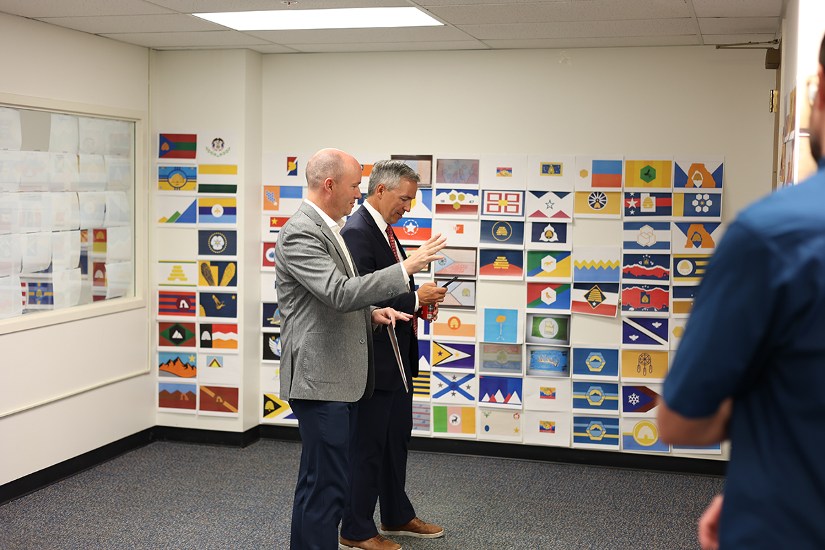 Utah. Gov Spencer Cox and Utah Sen. Dan McCay, who serve on the Utah State Flag Task Force, consider flag designs submitted from across Utah.