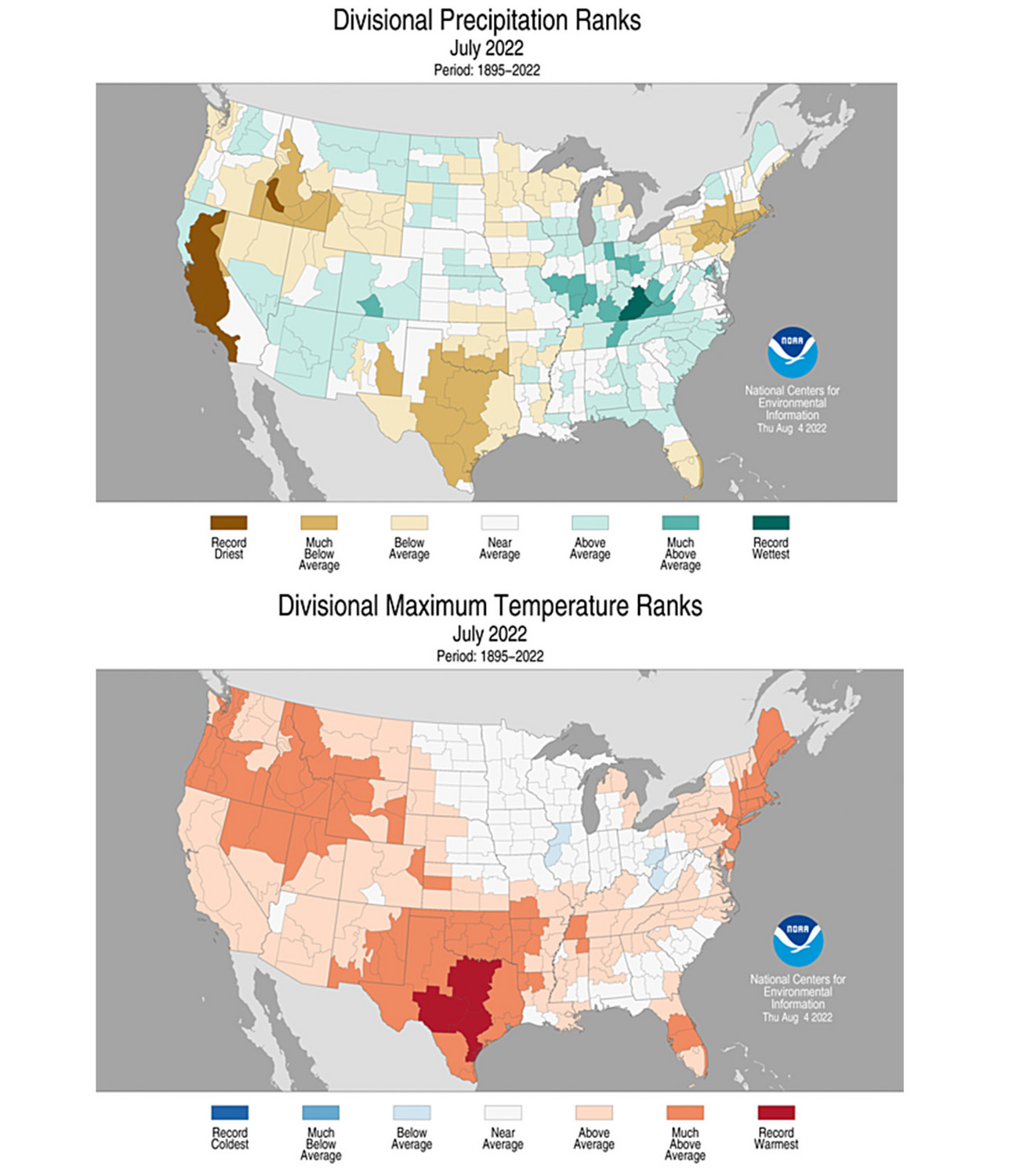 These maps show precipitation received and maximum temperature averages based on regions across the country in July.