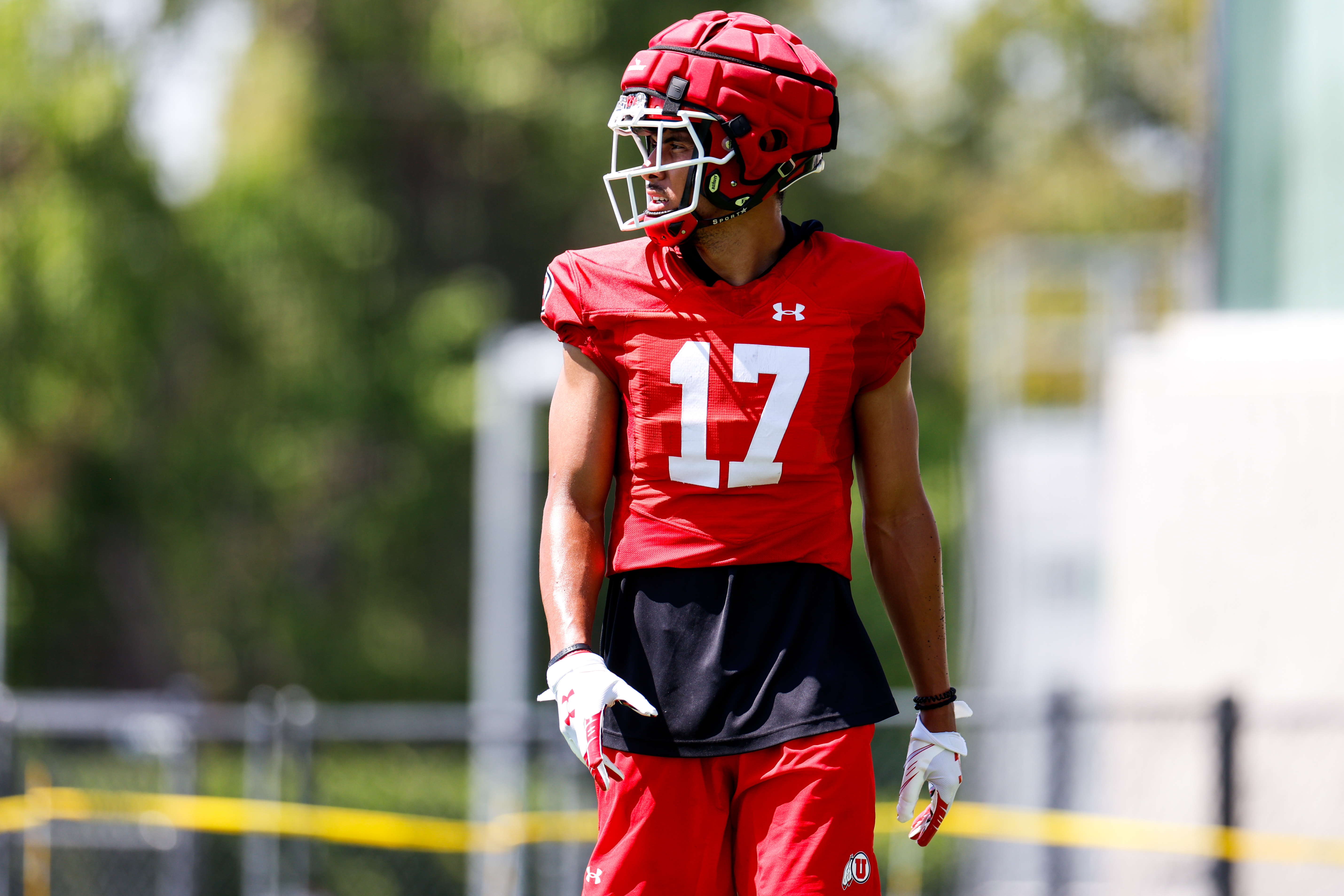 
Devaughn Vele lines up during Utah football's opening day of fall camp in Salt Lake City on Wednesday, Aug. 03, 2022.