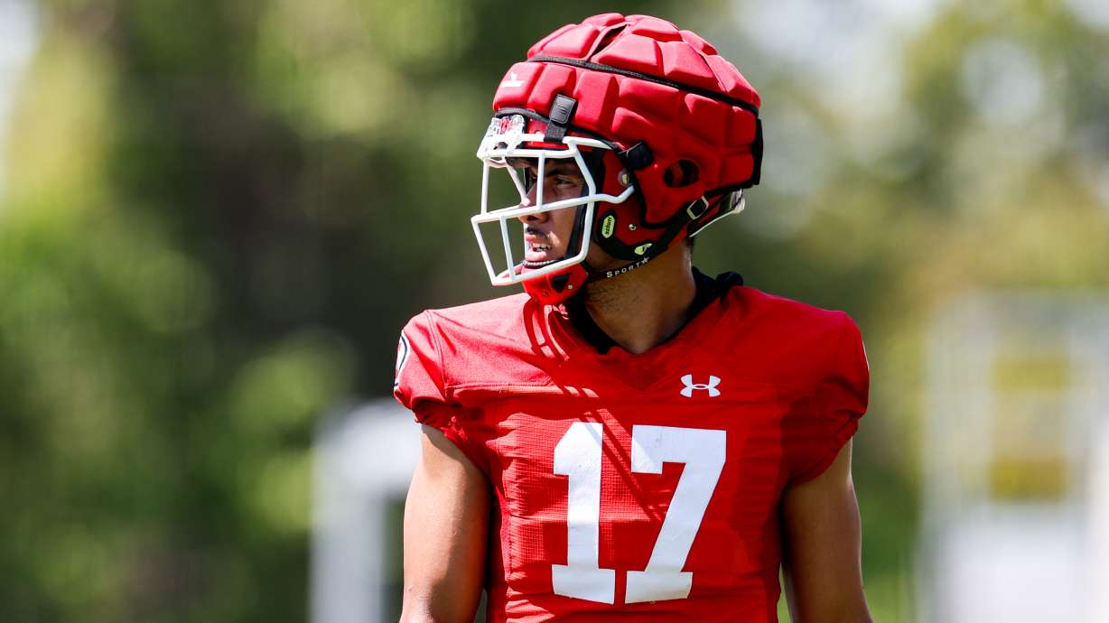 Devaughn Vele lines up during Utah football's opening day of fall camp in Salt Lake City on Wednesday, Aug. 03, 2022.