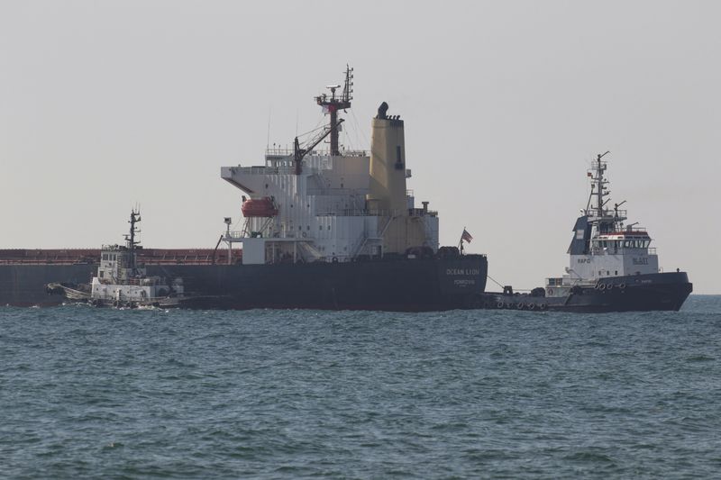 A Liberian-flagged bulk carrier Ocean Lion leaves the sea port in Chornomorsk after restarting grain export, amid Russia's attack on Ukraine, Ukraine on Tuesday.