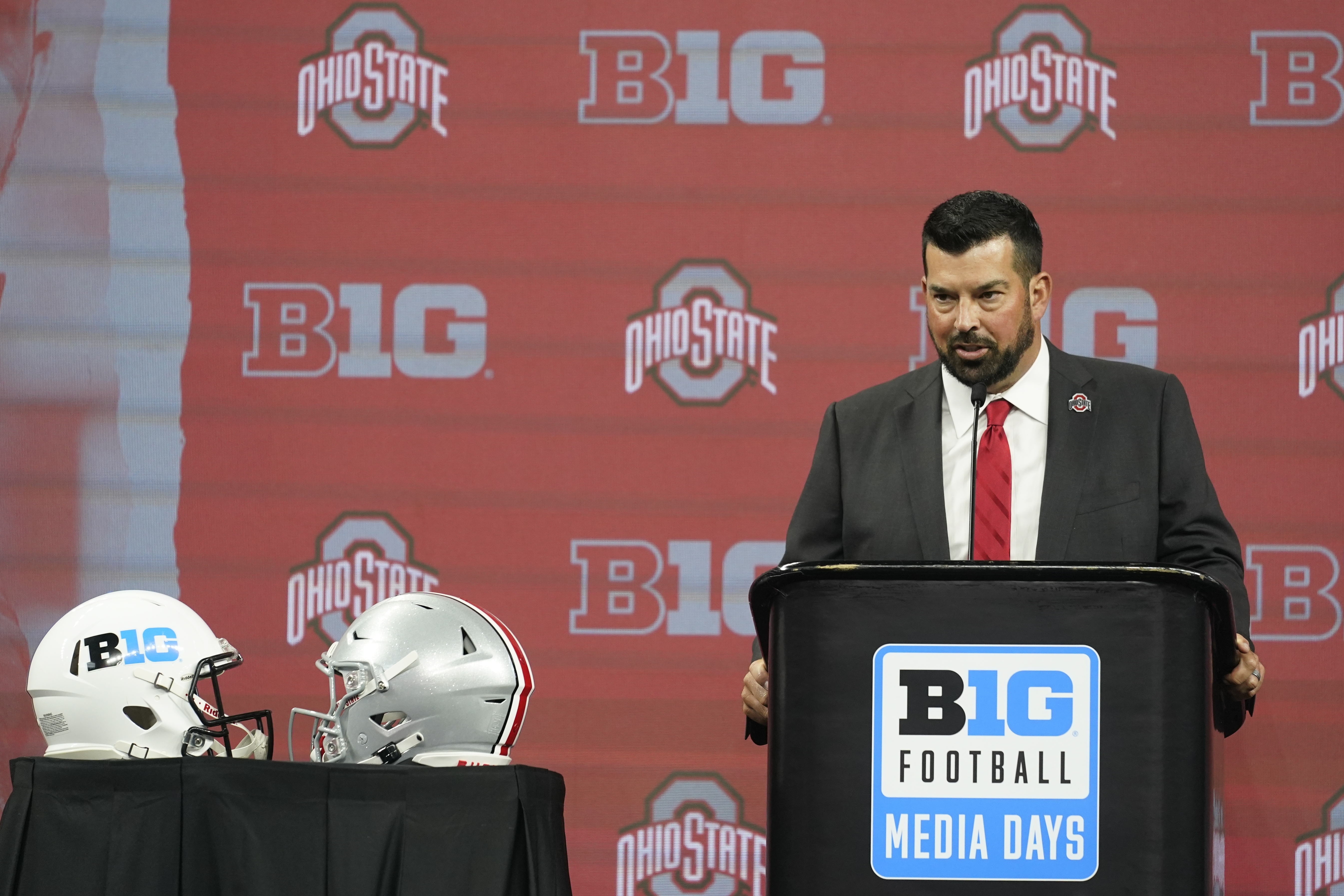 Ohio State head coach Ryan Day talks to reporters during an NCAA college football news conference at the Big Ten Conference media days, at Lucas Oil Stadium, Wednesday, July 27, 2022, in Indianapolis. 