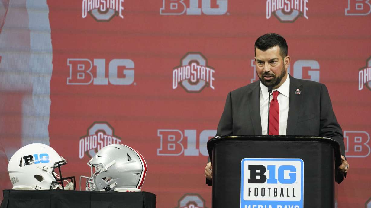 Ohio State head coach Ryan Day talks to reporters during an NCAA college football news conference at the Big Ten Conference media days, at Lucas Oil Stadium, Wednesday, July 27, 2022, in Indianapolis.