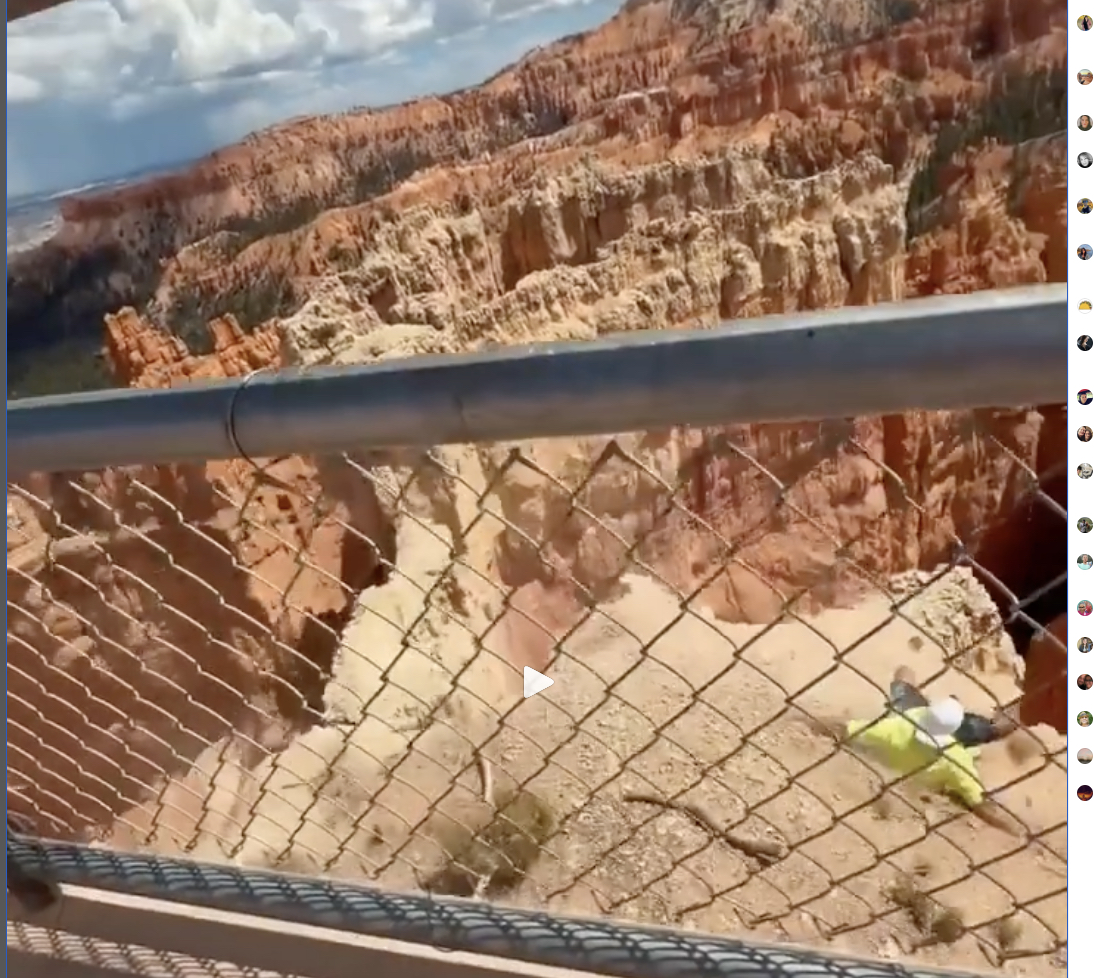 Bryce Canyon National Park officials say they're reviewing a viral video of a man jumping from an overlook railing and nearly slipping off a cliff into the canyon.