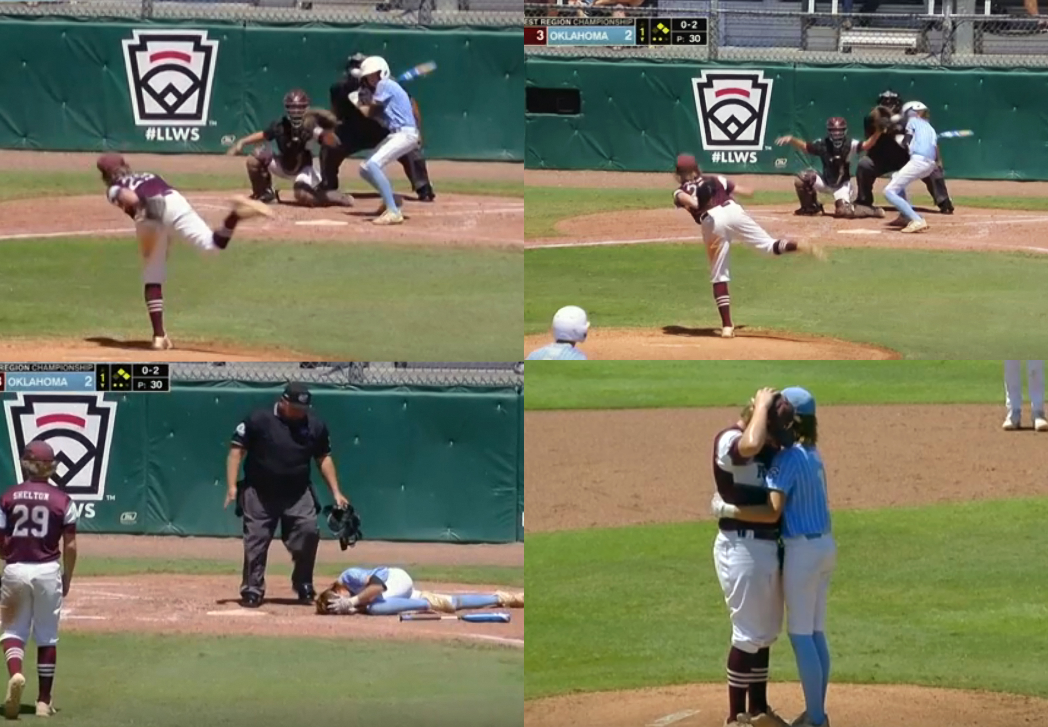 In this combination of photos from video provided by ESPN, pitcher Kaiden Shelton (29), of Pearland, Texas, throws to batter Isaiah Jarvis, of Tulsa, Okla., when an 0-2 pitch got away from him and slammed into Jarvis' helmet during a Little League Southwest Regional Playoff baseball final, Tuesday, Aug. 9, 2022, in Waco, Texas. Jarvis fell to the ground clutching his head as his concerned coaches ran to his aid. Jarvis walked to the mound and put his arms around Shelton, telling him, “Hey, you're doing great. Let's go.” 