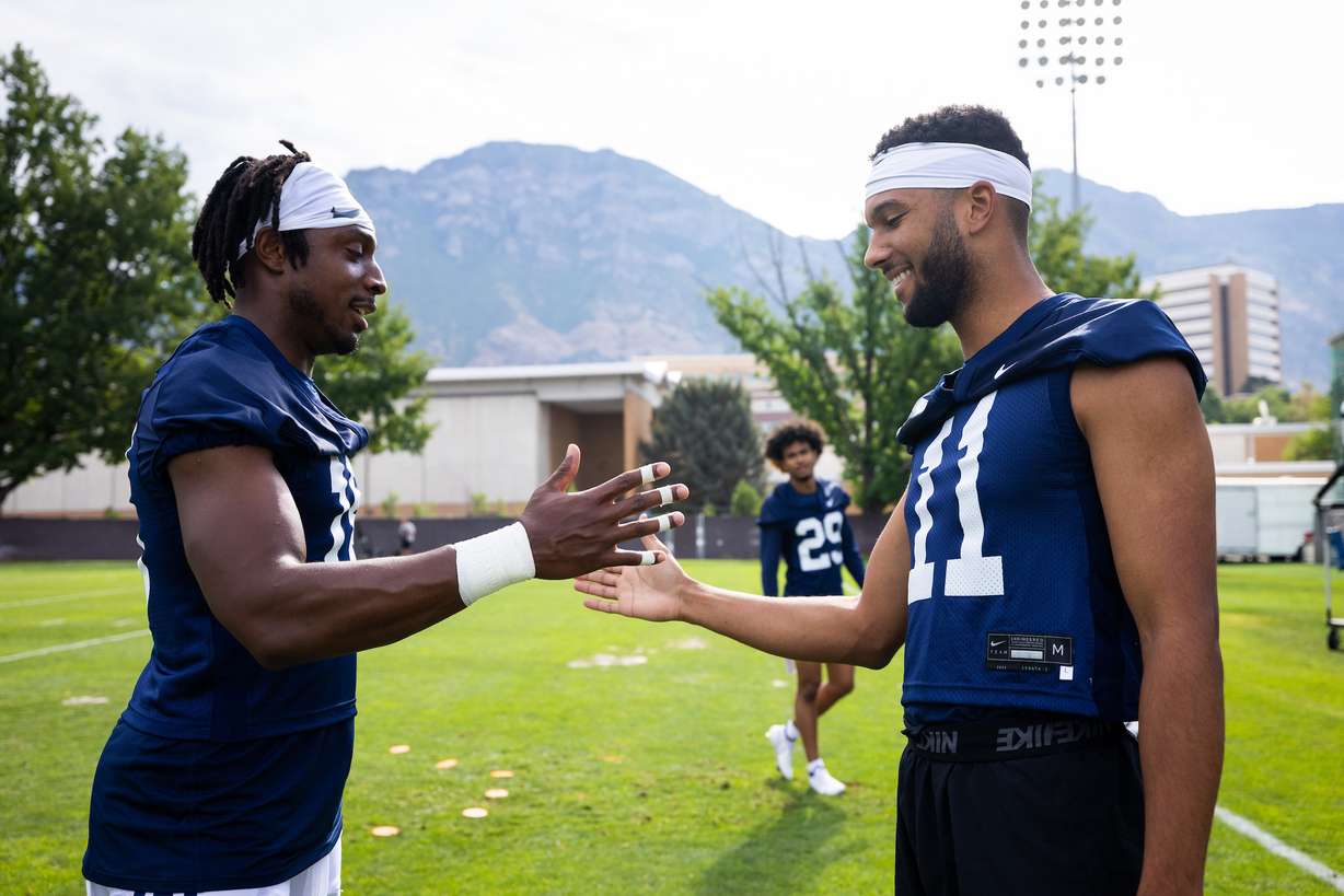 BYU cornerback Gabe Jeudy-Lally (right), a Vanderbilt transfer, with teammate and Oregon State transfer Kaleb Hayes during practice in Provo, Aug. 4, 2022.