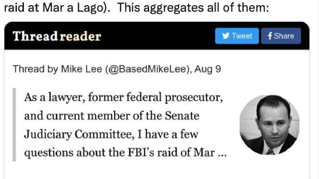 A screenshot of Sen. Mike Lee’s personal Twitter account is pictured Wednesday.