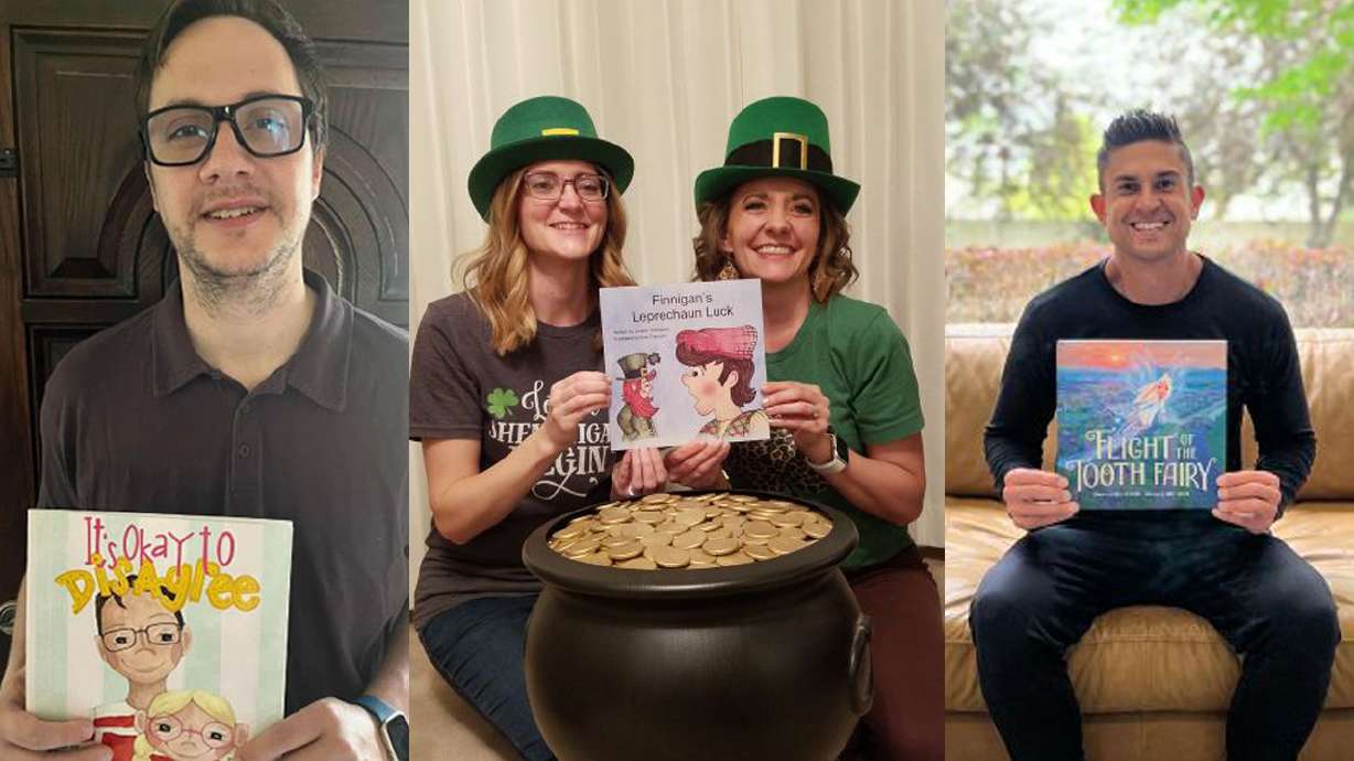 Utah authors David Butterworth, left; Janelle Thompson and Liesl Francom, center; and Jaren Ahlmann, right, pose with their books.