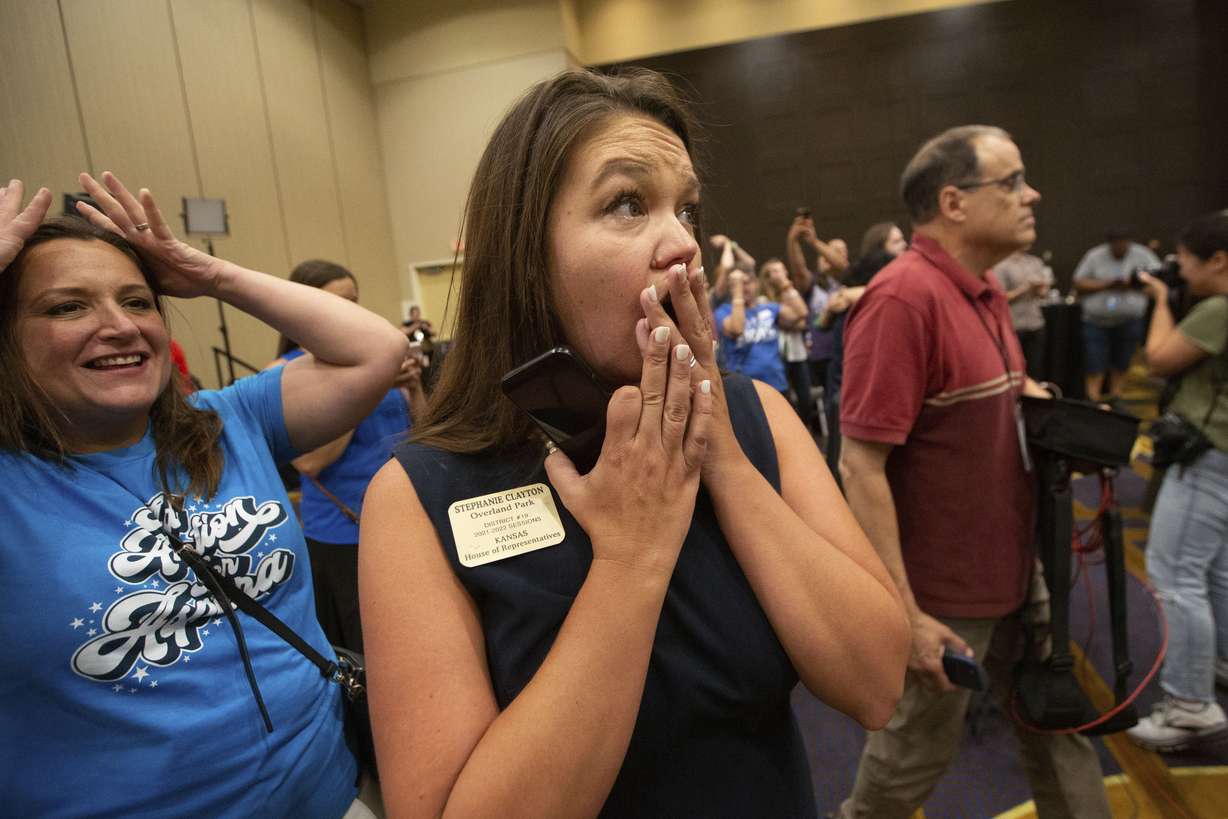 State Rep. Stephanie Clayton, D-Overland Park, reacts to election returns on an abortion referendum on Aug. 2, at the Overland Park Convention Center in Overland Park, Kansas. Kansas voters on Tuesday protected the right to get an abortion in their state, rejecting a measure that would have allowed their Republican-controlled Legislature to tighten abortion restrictions or ban it outright.