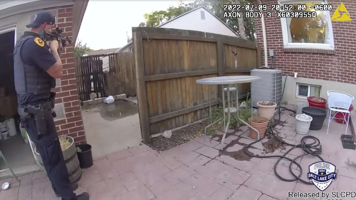 Body camera footage shows a Salt Lake police officer moments before shooting and injuring a man with a shotgun at 1421 S. Utahna Drive on July 9. Police were responding to a report that the man had set the weeds in his yard on fire.