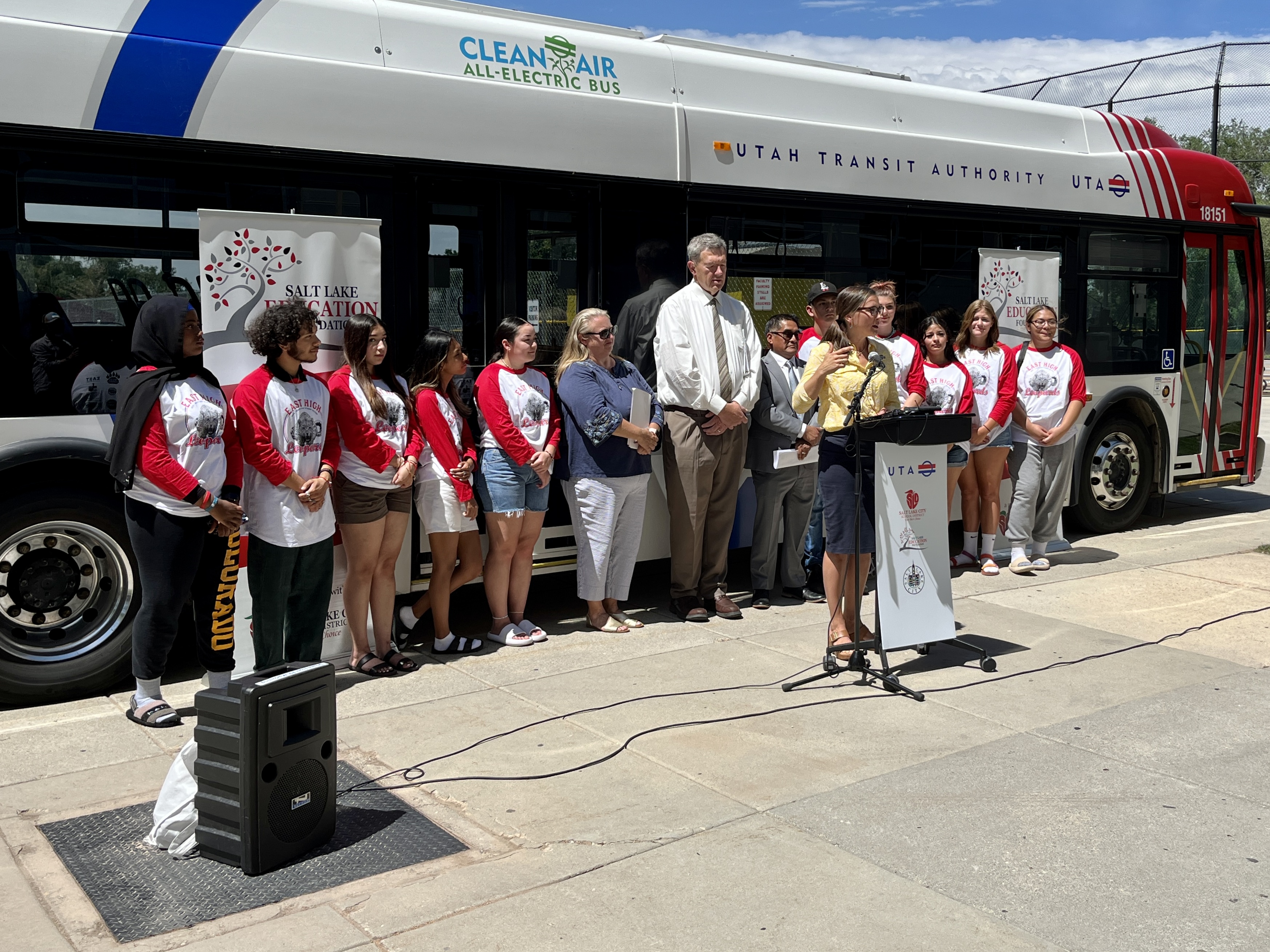 Salt Lake City Mayor Erin Mendenhall speaks about a new program offering transit passes to Salt Lake City School District students, faculty and staff during a press conference at East High School Thursday.