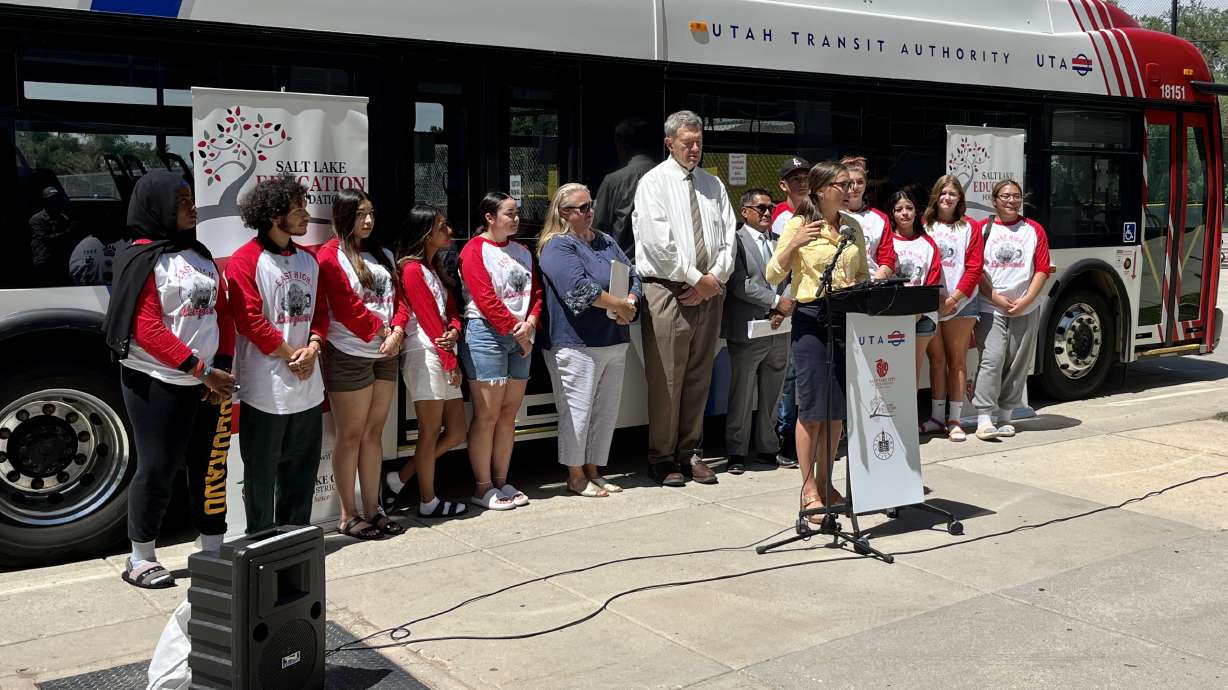 Salt Lake City Mayor Erin Mendenhall speaks about a new program offering transit passes to Salt Lake City School District students, faculty and staff during a press conference at East High School Thursday.
