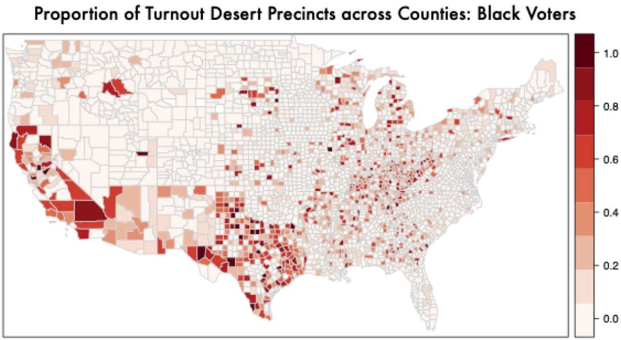A map shows the distribution of "turnout deserts" – precincts where turnout is one standard deviation lower than the national average – where Black voters live. Black individuals are more than three times more likely to live in a turnout desert precinct than white voters.