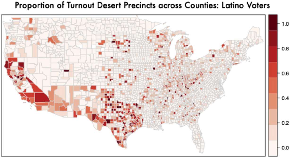 A map shows the distribution of "turnout deserts" – precincts where turnout is one standard deviation lower than the national average – where Latino voters live. Latino individuals are more than four times more likely to live in a turnout desert precinct than white voters.