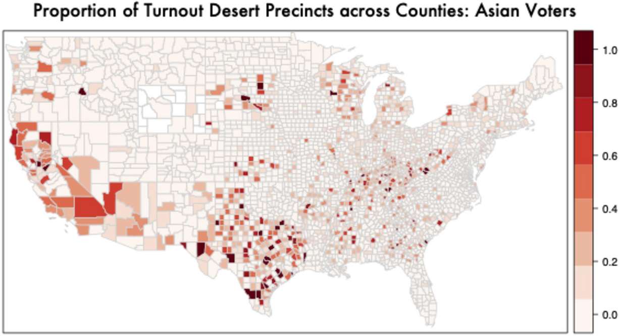 A map shows the distribution of "turnout deserts" – precincts where turnout is one standard deviation lower than the national average – where Asian voters live. Asian individuals are 2.5 times more likely to live in a turnout desert precinct than white voters.