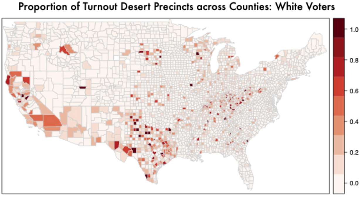 A map shows the distribution of "turnout deserts" – precincts where turnout is one standard deviation lower than the national average – where white voters live. White individuals are less likely to live in a turnout desert precinct than voters of color.