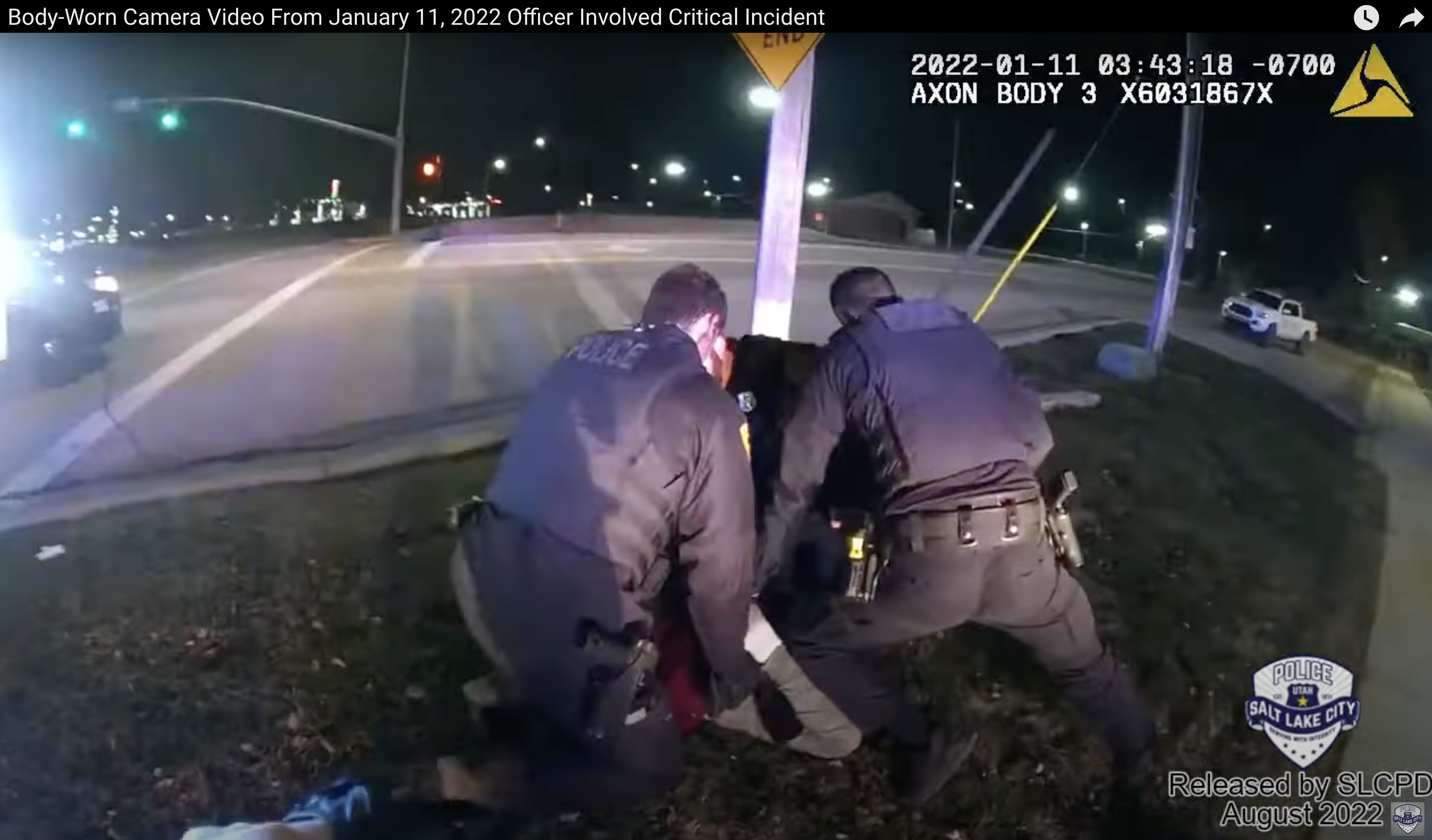 Salt Lake police officers restrain a woman in body camera video from Jan. 11, 2022, near 900 North and 400 West. Megan Joyce Mohn's death was ruled a homicide, but the district attorney said Tuesday no charges will be filed against the officers.