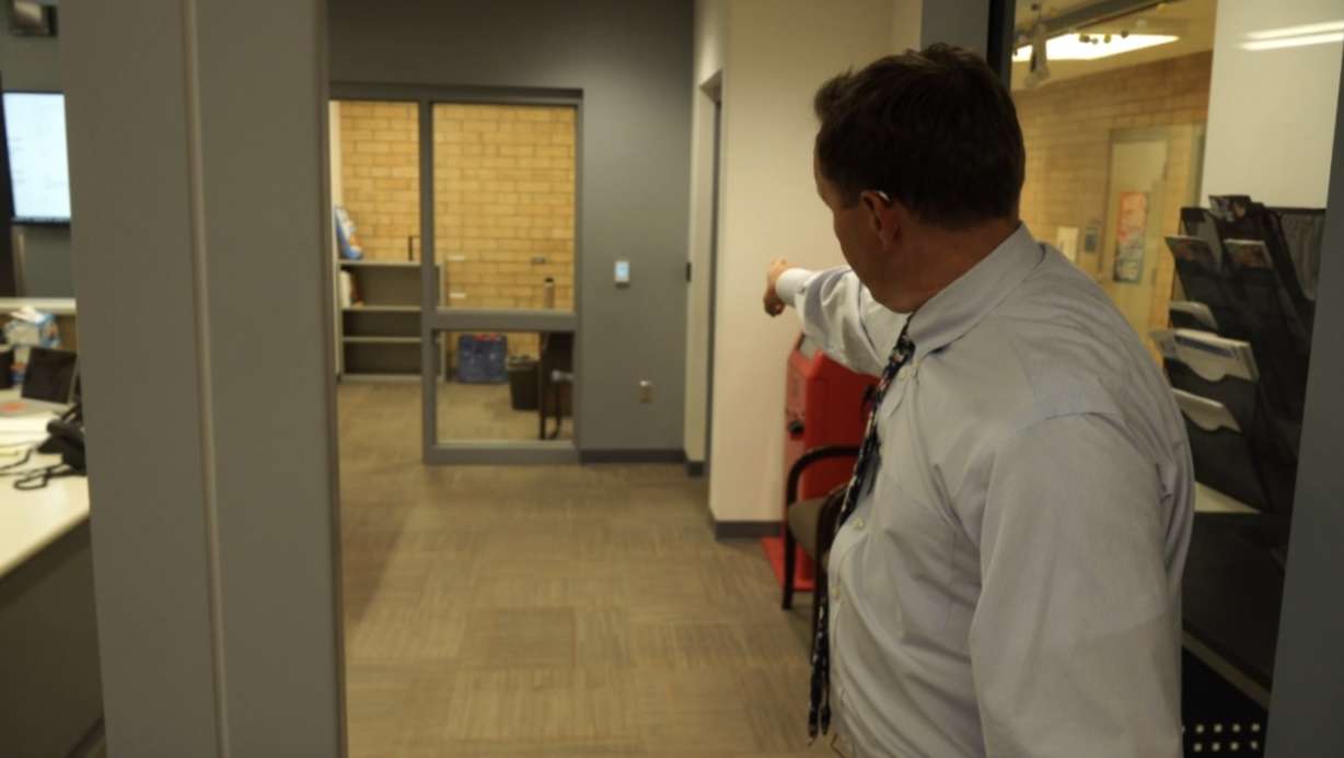 Granite District Chief of Staff Ben Horsley shows what security measures are taken at schools.
