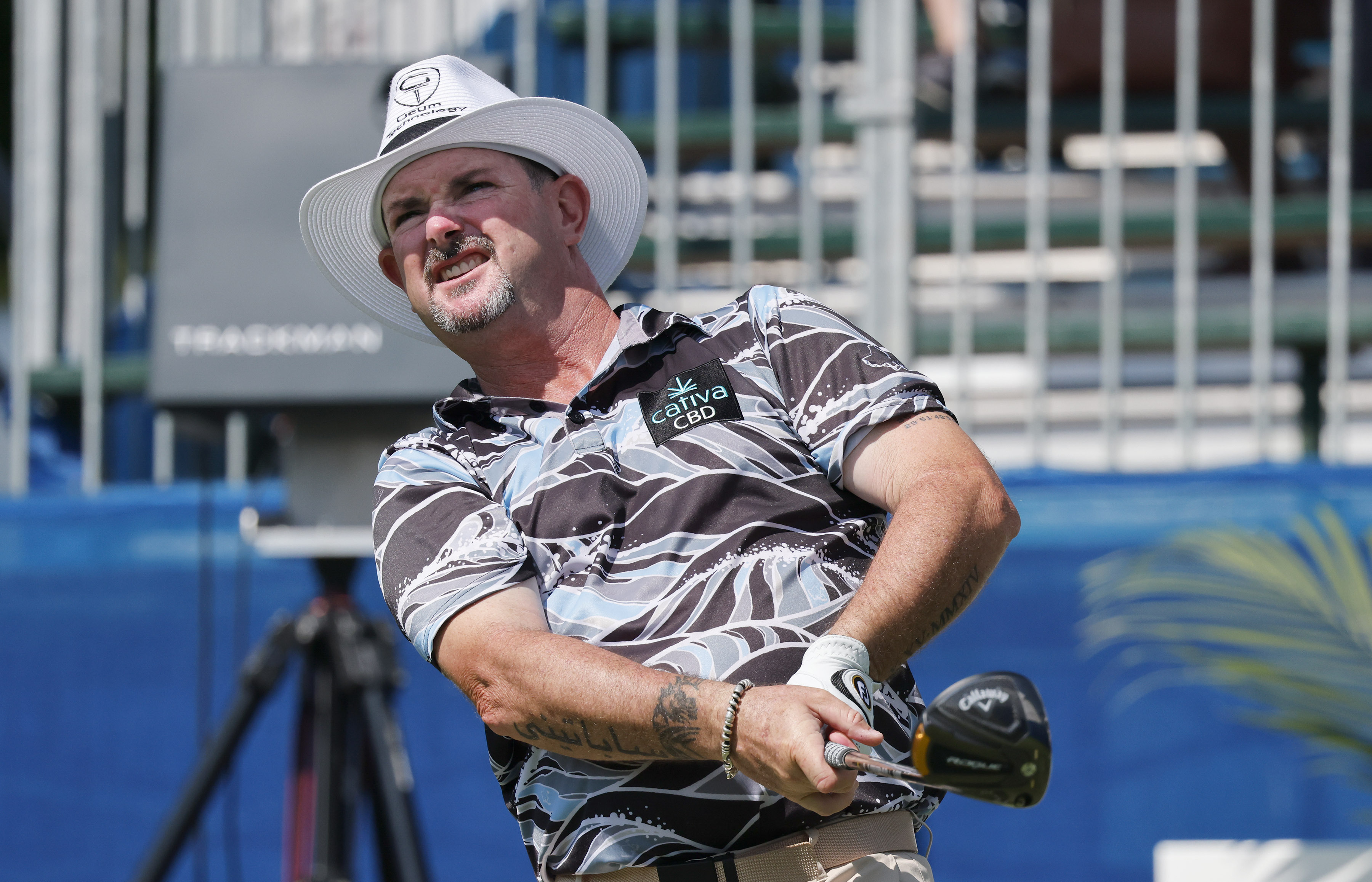 Rory Sabbatini hits his tee shot on the tenth hole during the first round of the Wyndham Championship golf tournament, Thursday, Aug. 4, 2022, in Greensboro, NC. 