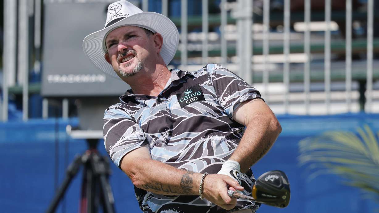 Rory Sabbatini hits his tee shot on the tenth hole during the first round of the Wyndham Championship golf tournament, Thursday, Aug. 4, 2022, in Greensboro, NC.